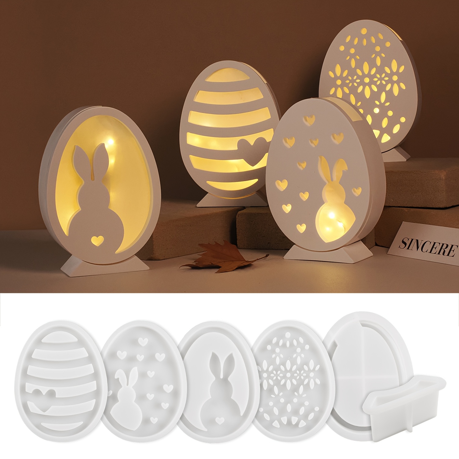 

6pcs Silicone Easter Hollow Egg Mold, Diy Cement Plaster Drop Glue Shape Rabbit Silhouette Night Light Ornament