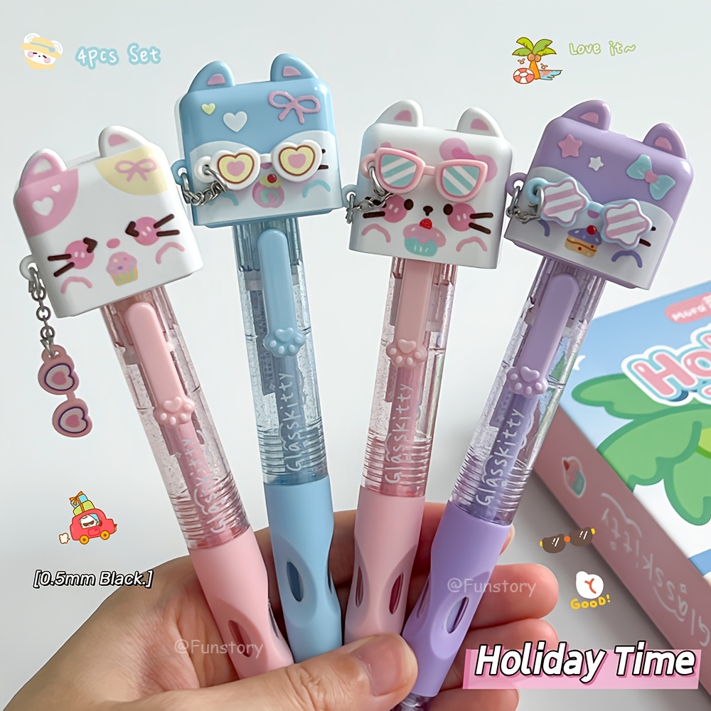 TEMU 4pcs Glasses Cat Pocket Pen 0.5mm Black Quick- Pen Cute Kitten Writing Pen For Study And Office Use
