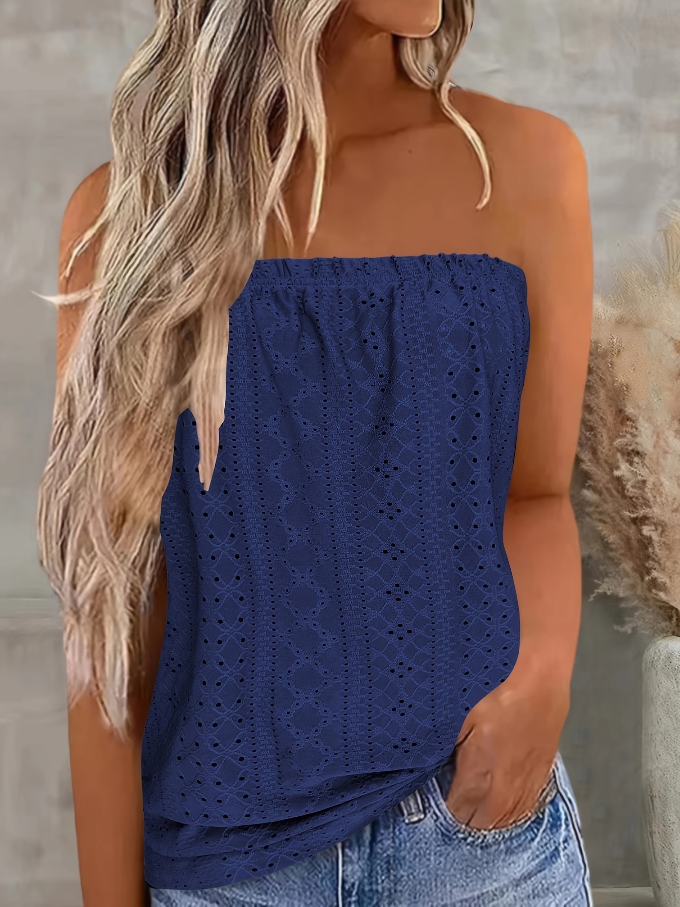 Solid Eyelet Embroidered Tube Top Casual Sleeveless - Temu