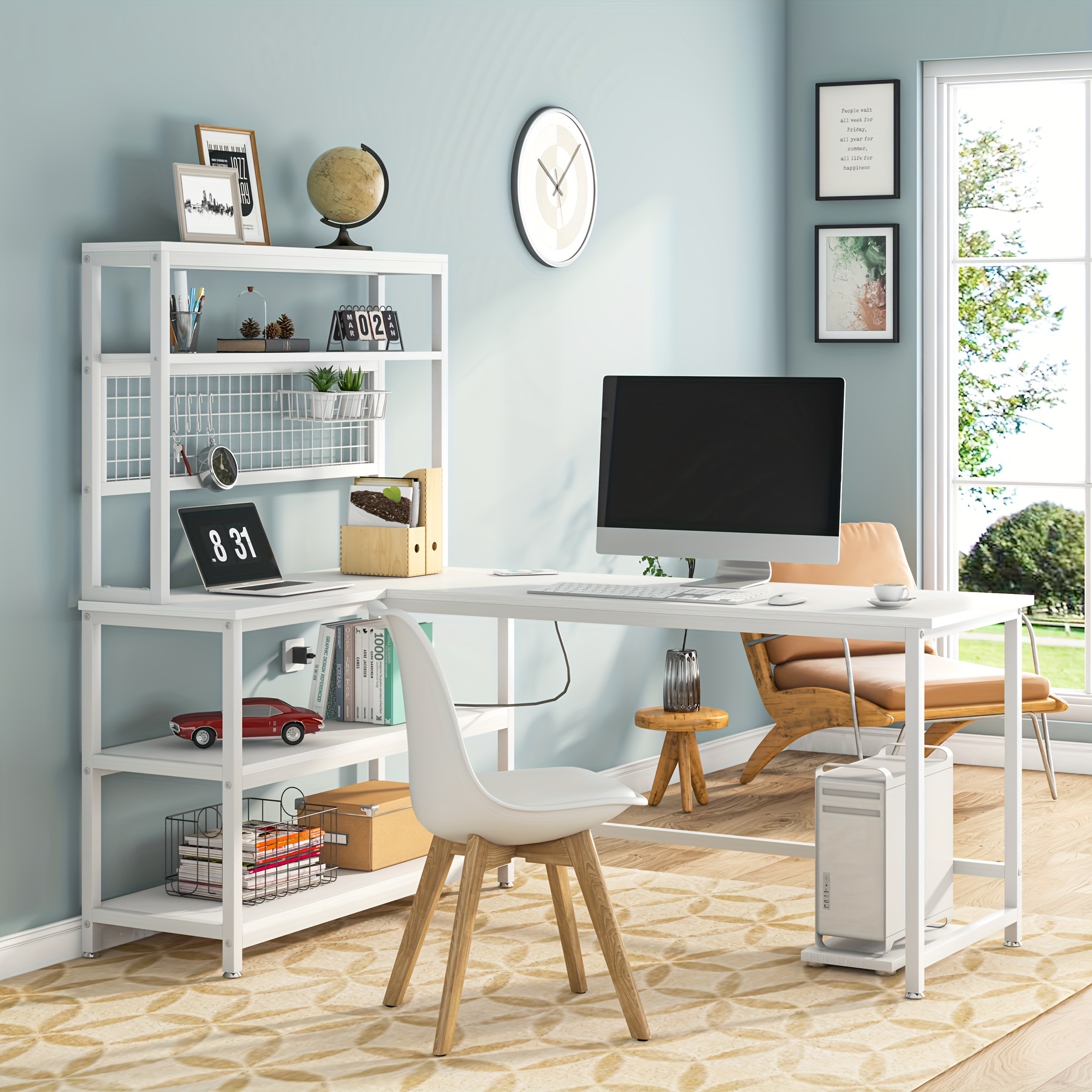 

Little Tree 55" Large Computer Desk With 5 Storage Shelves Wireless Charging, Office Desk Study Table Desk Workstation With Hutch Bookshelf For Home And Office