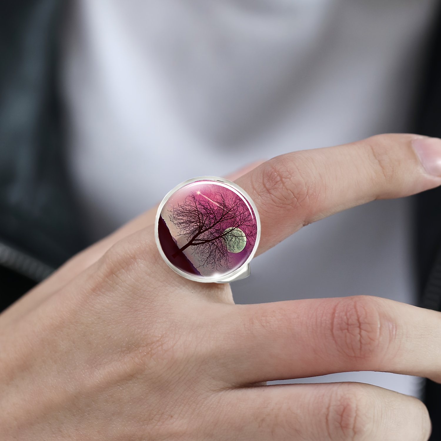 Unisex Adjustable Iron Alloy Ring with Serene Tree & Moon Design