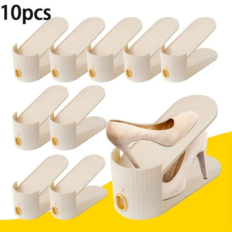 10pcs Shoe Rack, Vertical Stripe with Golden Ring. Stylish Color Scheme. Space-Saving, Solves Messy Issues, Fits All Kinds of Shoes. Foldable Splicing, Free Combination, Suitable For Living Room, Dormitory, Closet. Durable Pp Material