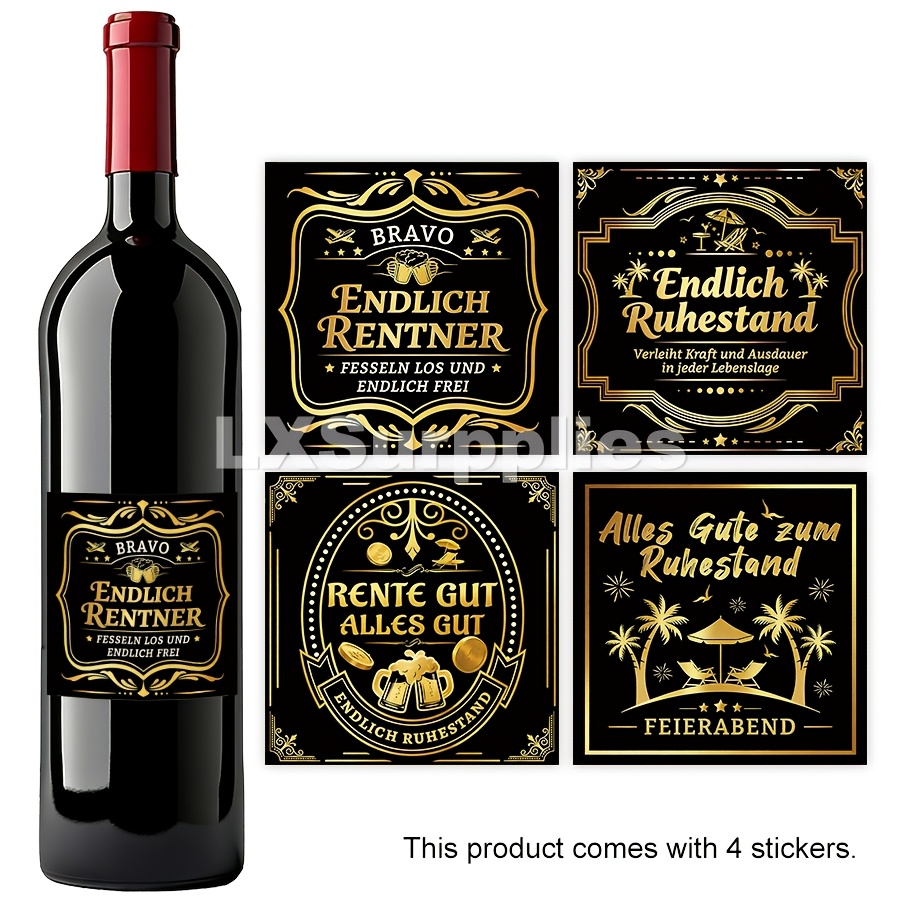 E-shop 4 Stück Deutsche Ruhestandsfeier Geschenk Etiketten Aufkleber, Nicht-Wiederholendes Schwarz-Goldenes Design, Flaschenschild Aufkleber für