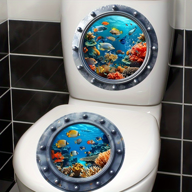 

2pcs Underwater Adventure Toilet Decals - Vibrant Coral & , Self-adhesive Pvc, Waterproof, Easy To Apply On Ceramic - Home & Bathroom Enhancement