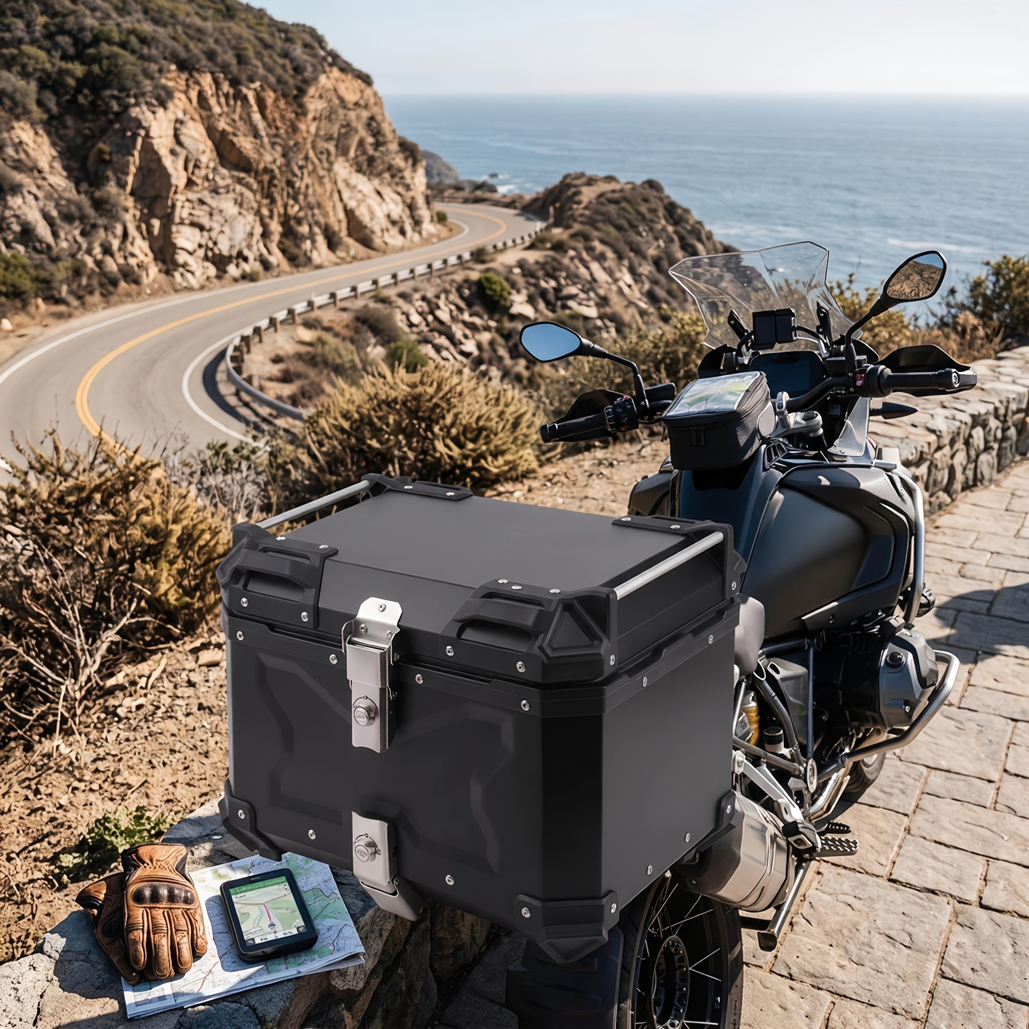 TEMU Motorcycle Top Box, Universal Black 45l Aluminum Alloy Motorcycle Top Case Tail Box Motorcycle Trunk Tail Box Bag Luggage Carrier For Store