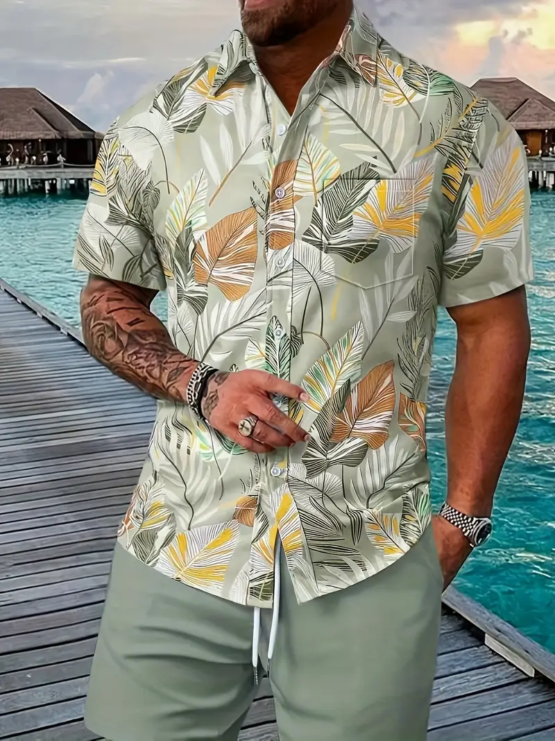 Men's Loose Fit Hawaiian Shirt - Short Sleeve, 100% Polyester, Tropical Print Beach Resort Casual Shirt