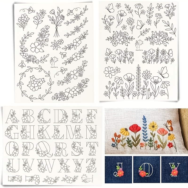 70 piezas de patrones de bordado autoadhesivos - diseños florales/ , papel de transferencia soluble en agua para bordado en tela no tejida, kit de bordado a   para principiantes, patrones florales y de   /   por paquete