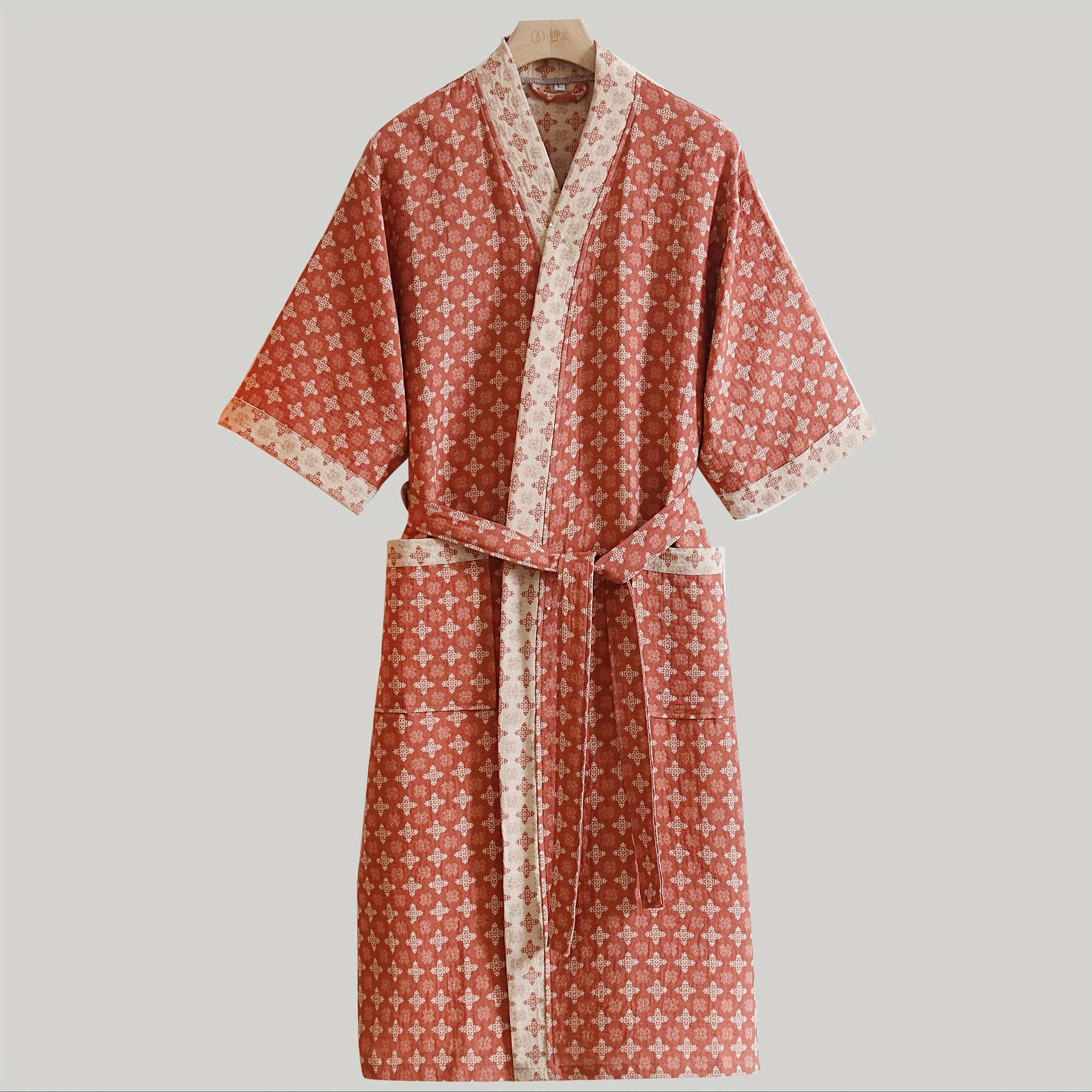 high end pure cotton summer lightweight bathrobe color block jacquard pattern with waist belt and pocket machine washable suitable for beachwear morning gown or robe   use 0