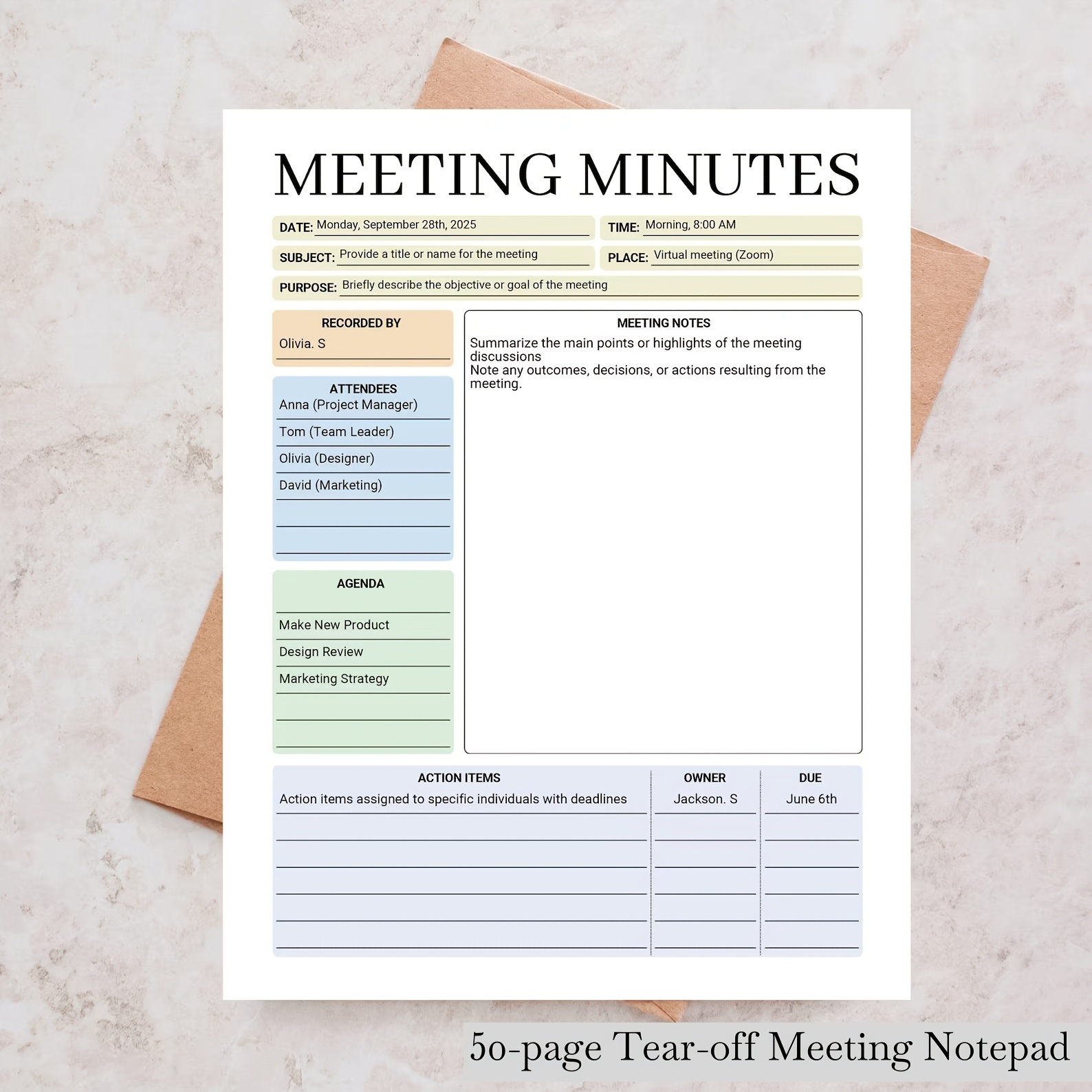 TEMU 50-page Tear-off Meeting Notebook Suitable For - Undated Refillable Planner With Grid Pages, Tear-off Sheets For Office, Portable Meeting Agenda