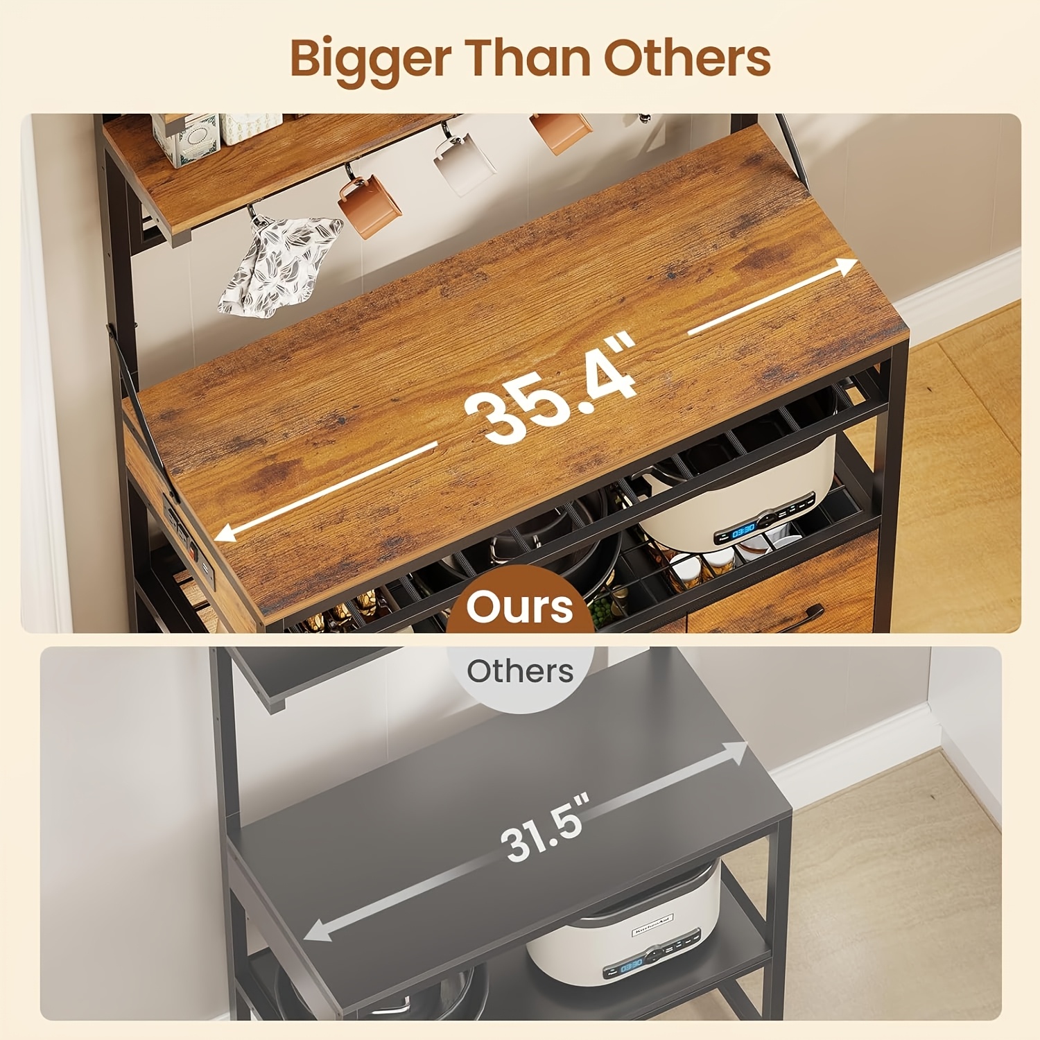 [Baker's Rack Outlet] Baker's Rack with Power Outlet, 6-Tier Microwave Rack with 3 Drawers, Wine Rack, LED Light And 10 Hooks, Kitchen Baker's Rack, Coffee Bar with Storage, Rustic Brown/Black/White