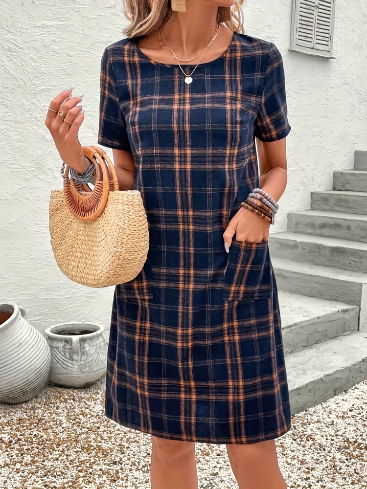 womens elegant print short sleeve dress pockets - Temu