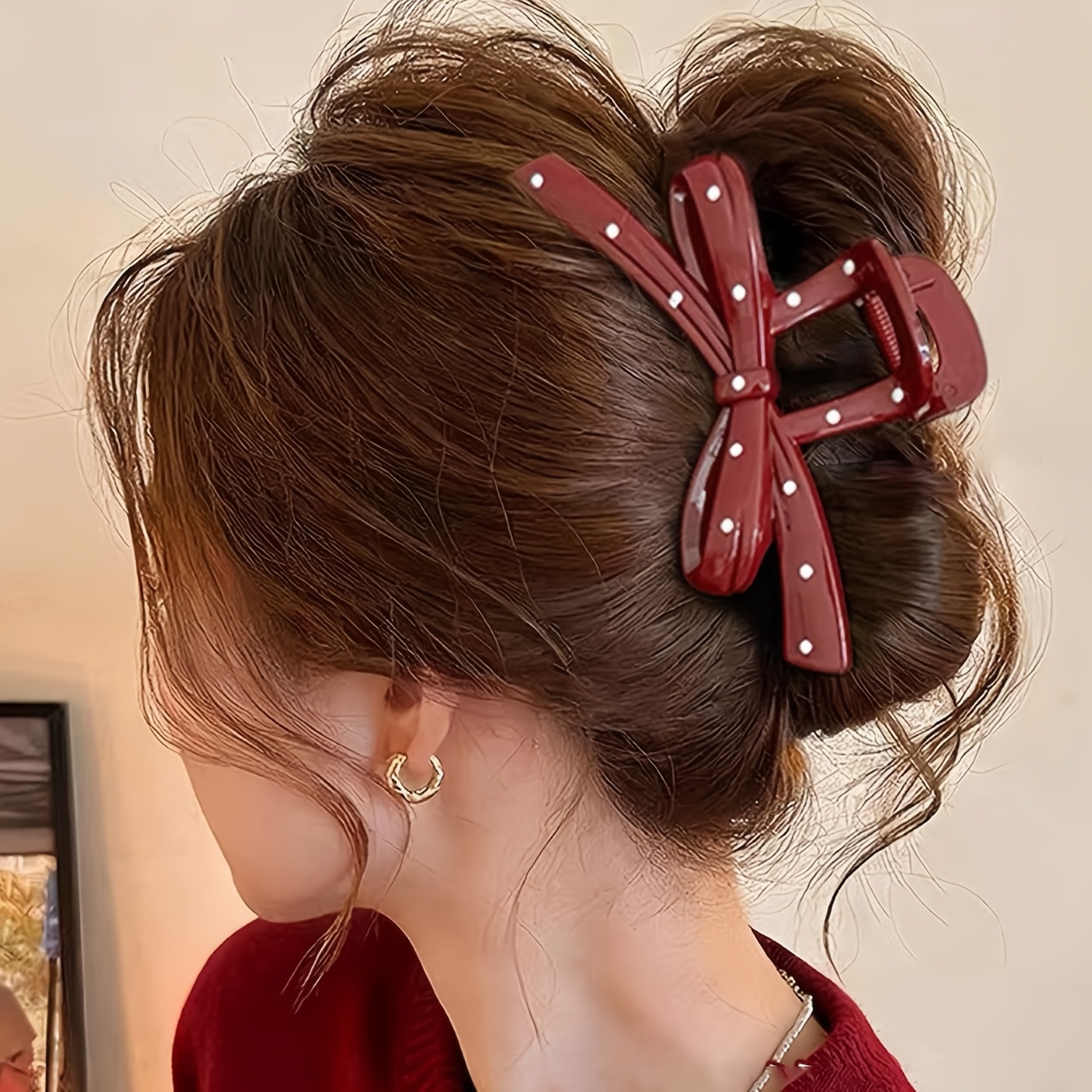 1pc Red Hair Claw Clip Angola Red Polka Dot Bow Hairpin Temperament Elegant Hair Grab Clip Suitable For Holiday Dating Vacation New Year Fashion Hair Additions