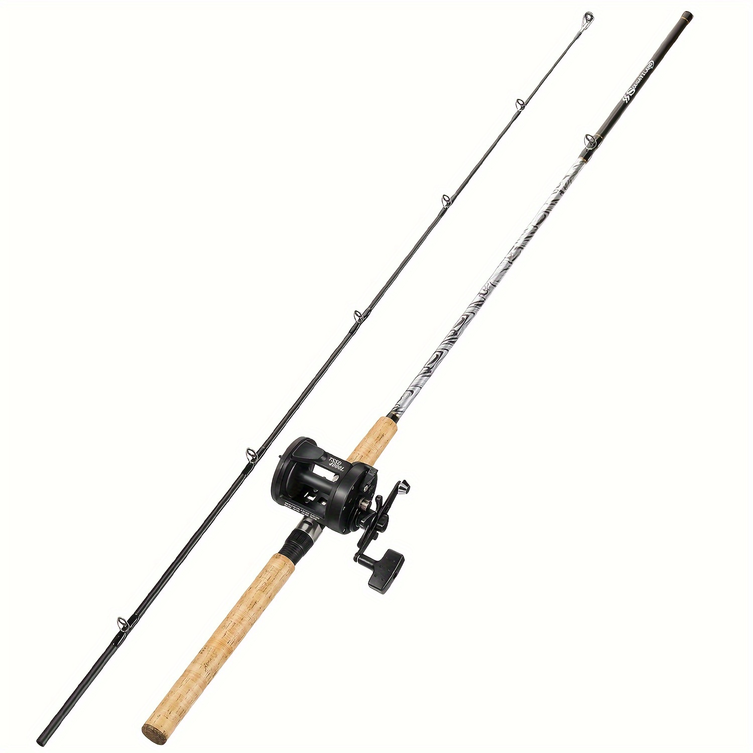 cork handle fishing rods reel set s fiberglass fishing rod and conventional reel set features a sturdy p-cork  handle and with high-density carbon fiber reinforced with fiberglass  composite, ideal for catching catfish, salmon, and steelhead