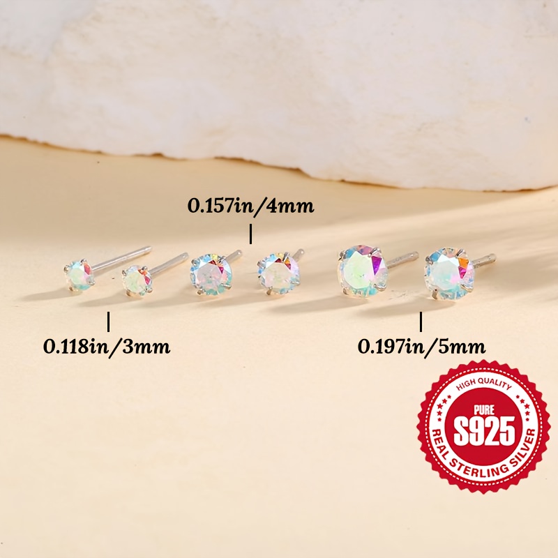 925 Sterling Silver Iridescent Zirconia Shiny Round Stud Earrings Hypoallergenic -
