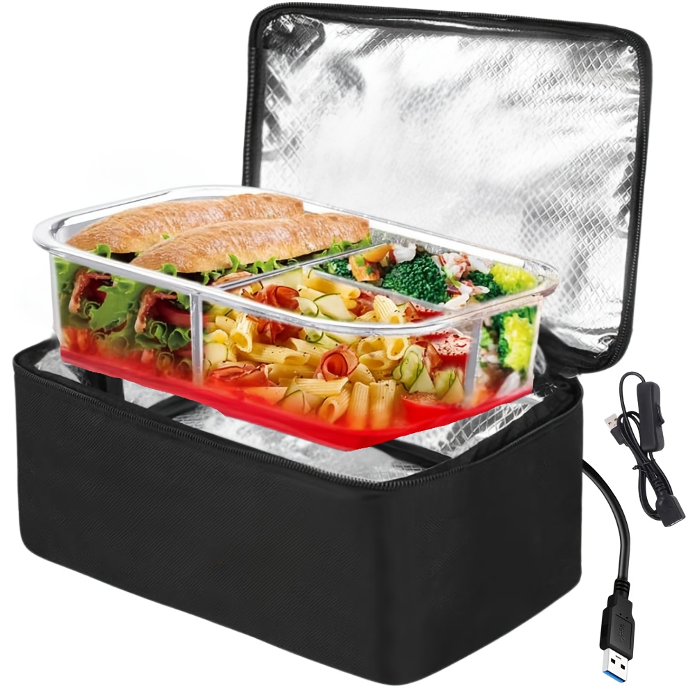 TEMU Compact Usb-powered Lunch Box With Wall Plug - Portable Mini Food Warmer, Ideal For Road Trips, Camping, Picnics, - Black, Not For Direct Food