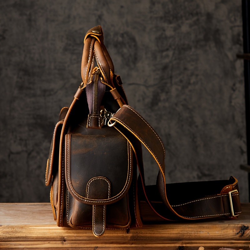 1pc Men\'s Leather Handbag, Top Layer Cowhide Shoulder Bag, Vintage Travel Sling Bag
