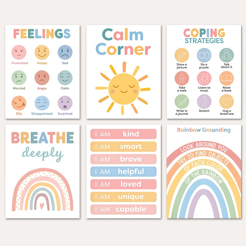 TEMU Lot de 6 affiches plates 2D cadre pour coin calme, des , éducation à mentale, indispensable pour les enseignants, fournitures d'art, décoration