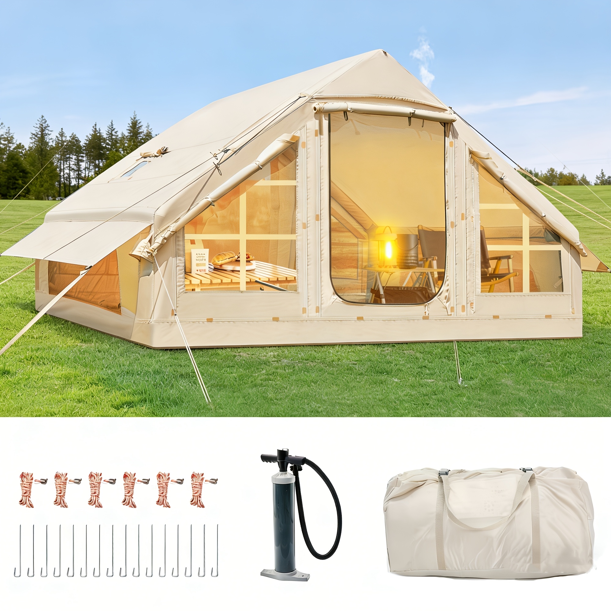 Temu – TEMU Mophoto Inflatable Tents For Camping, Blow Up Tent With Hand Pump, Easy Setup Inflatable Hot Tent With Stove Jack, Oxford Air Glamping Tents For