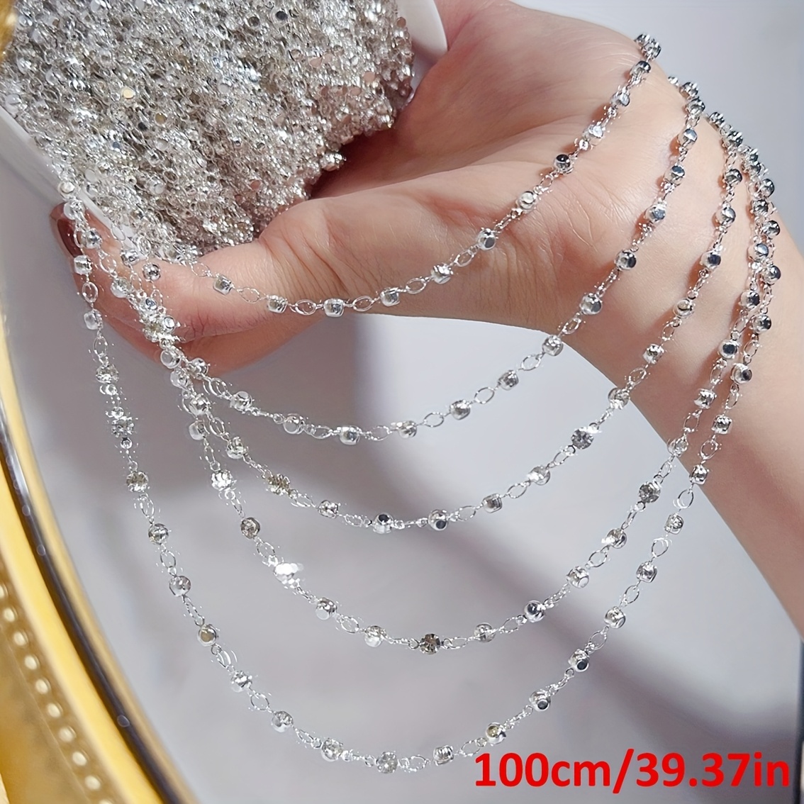 TEMU 1 metro de cadena de cuentas transparentes con incrustaciones de strass, cadena de cobre para hacer collares y pulseras DIY en joyería