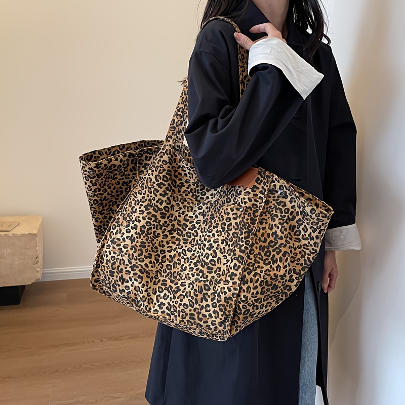 

Large Capacity Leopard Print Shoulder Tote Bag, Casual Canvas Handbag For Shopping, Travel, Everyday Use