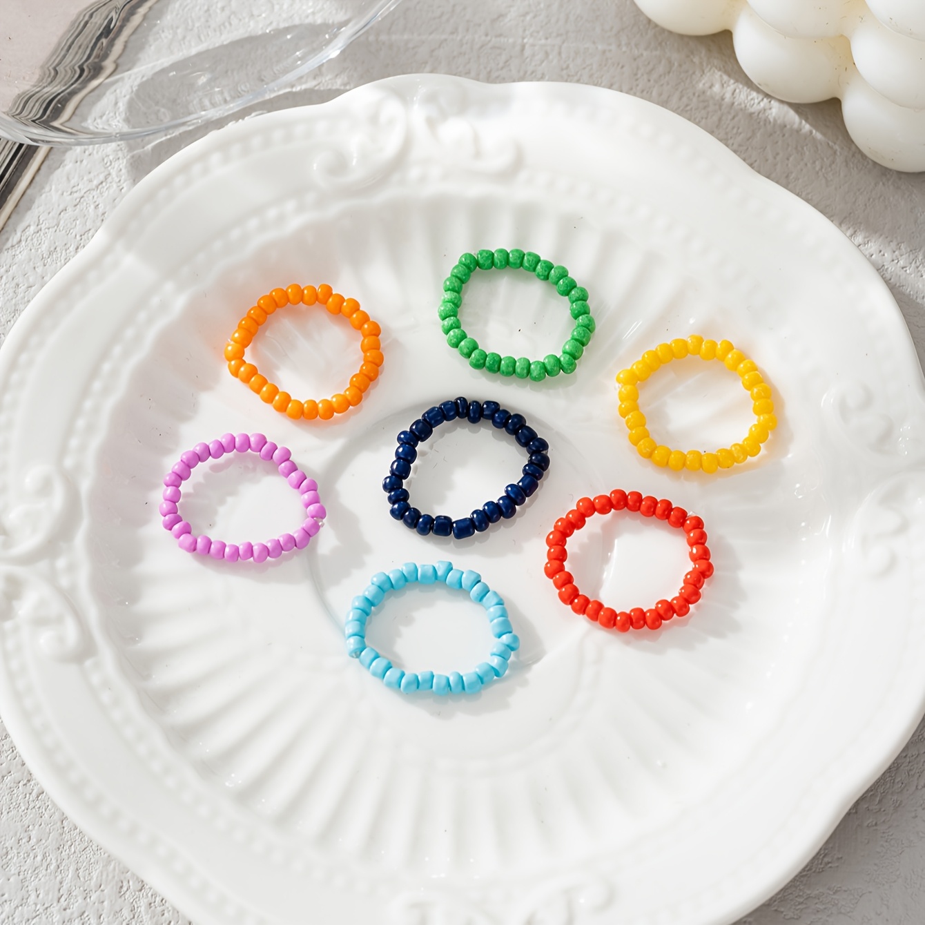 7pcs Boho Beaded Stretch Ring Set for Women - Colorful Elastic Rings