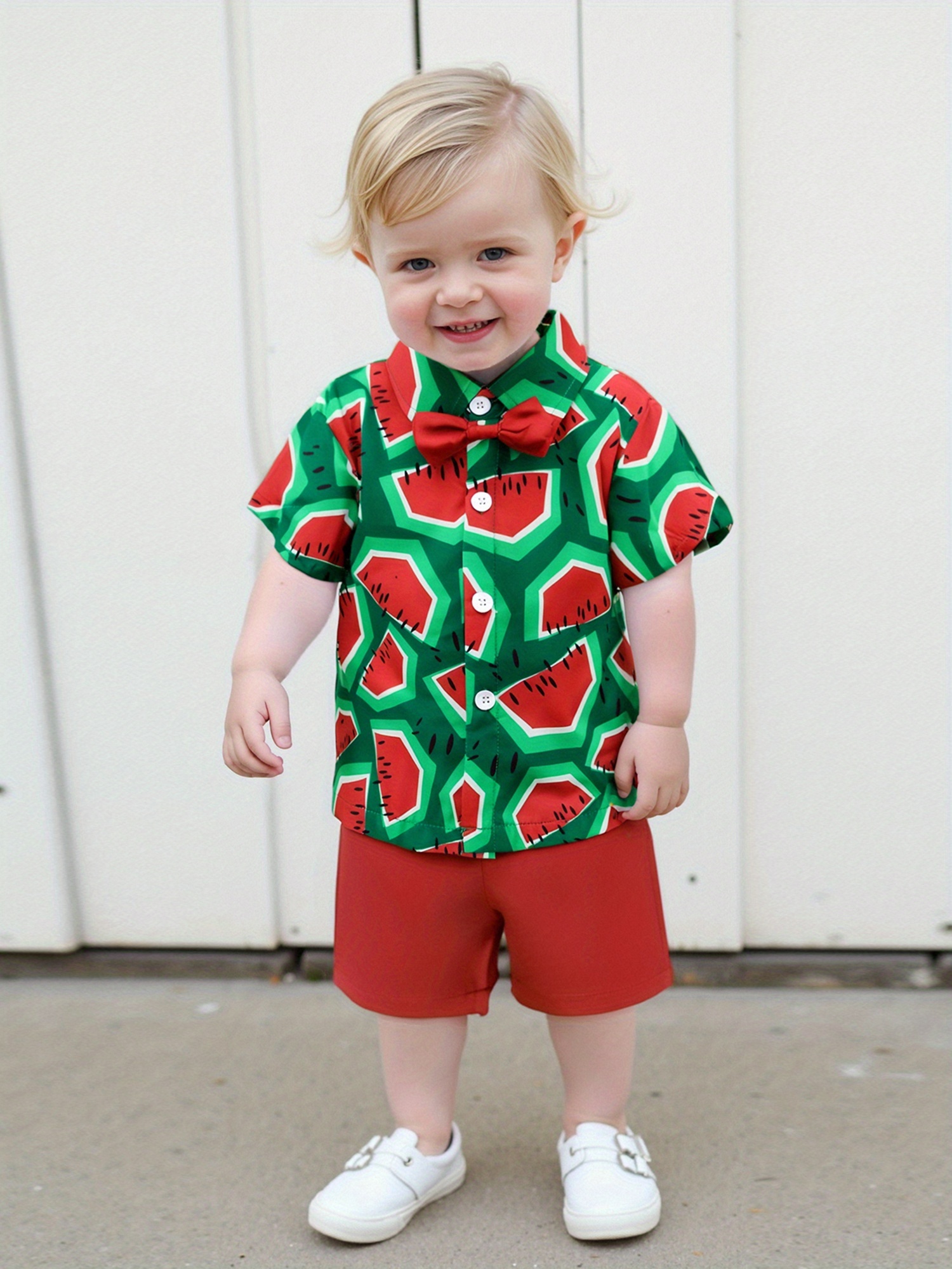 Toddler Baby Boy Summer Outfits, Watermelon Pattern Button- Short Sleeve  Shirt, Turn- Collar And Matching Shorts, 2pcs Set for Little Boys, Cute And  C