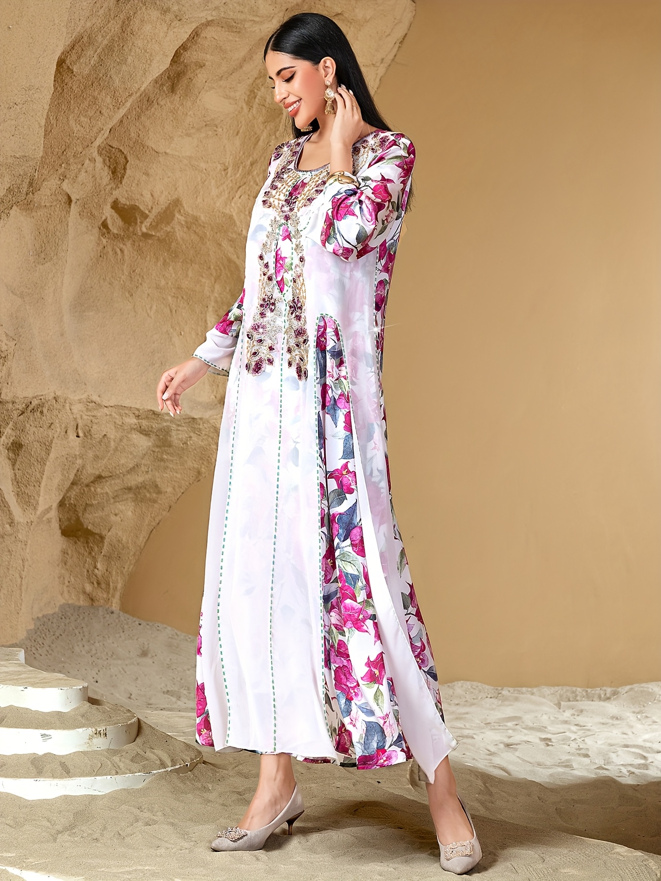 eastern party wear dresses elegant long sleeve round neck a line dress elastic waist