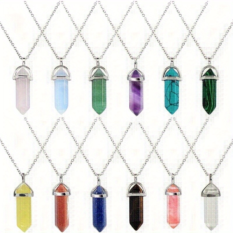 

15pcs Natural Stone Crystal Necklace Set, Hexagon Pillar Rock Crystal Pendant Necklace, Couple Gift Lucky Stone Necklace, Holiday Jewelry Friendship Gift For Women&men