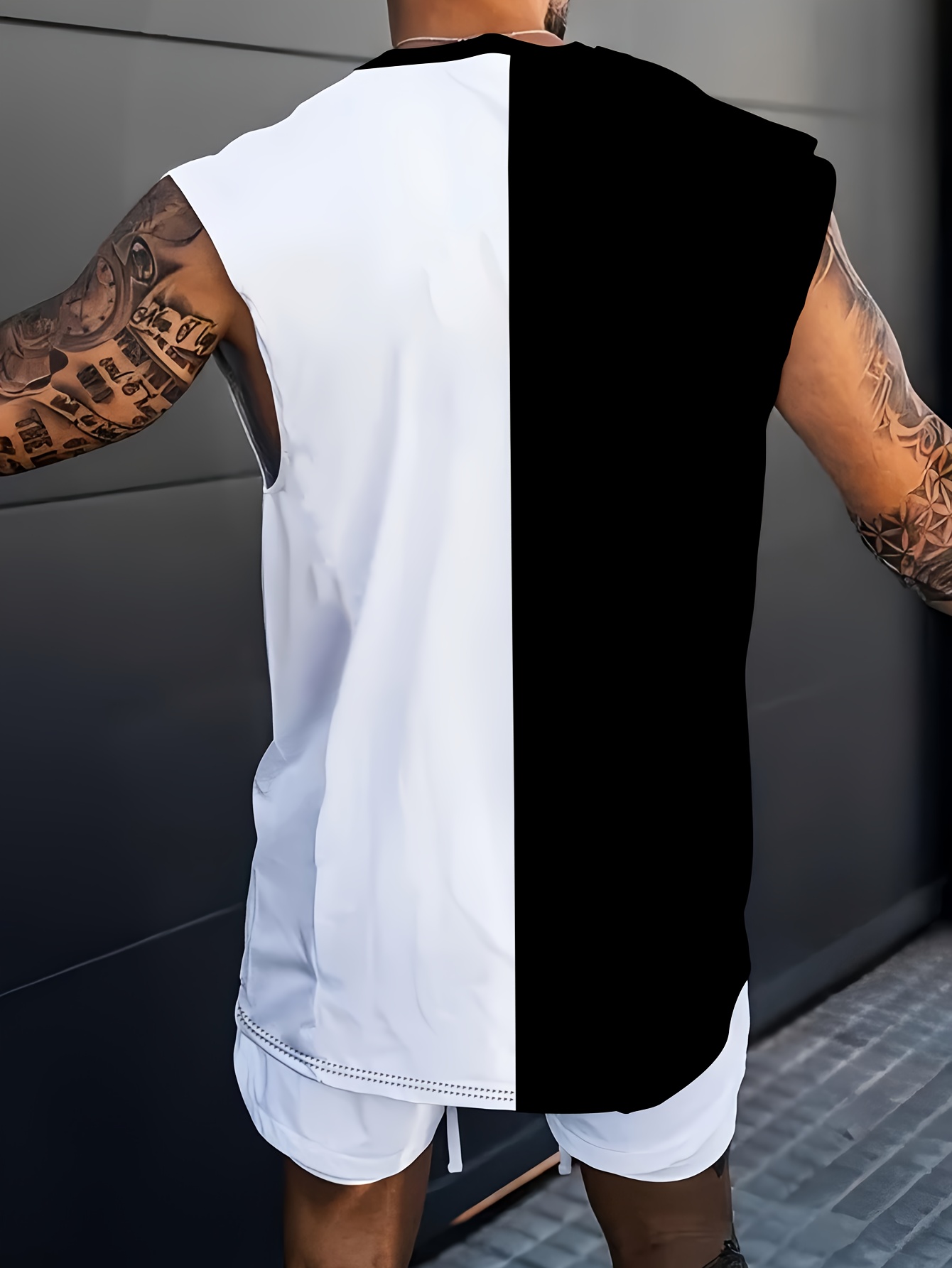 Men's Breathable 3D Color Block Sleeveless T-Shirt - Casual Summer Fitness & Basketball Sports Tee with Crown Print, Black & White Design, Lightweight Polyester-Spandex Blend, Round Neck, Machine Washable, Basketball Shirt