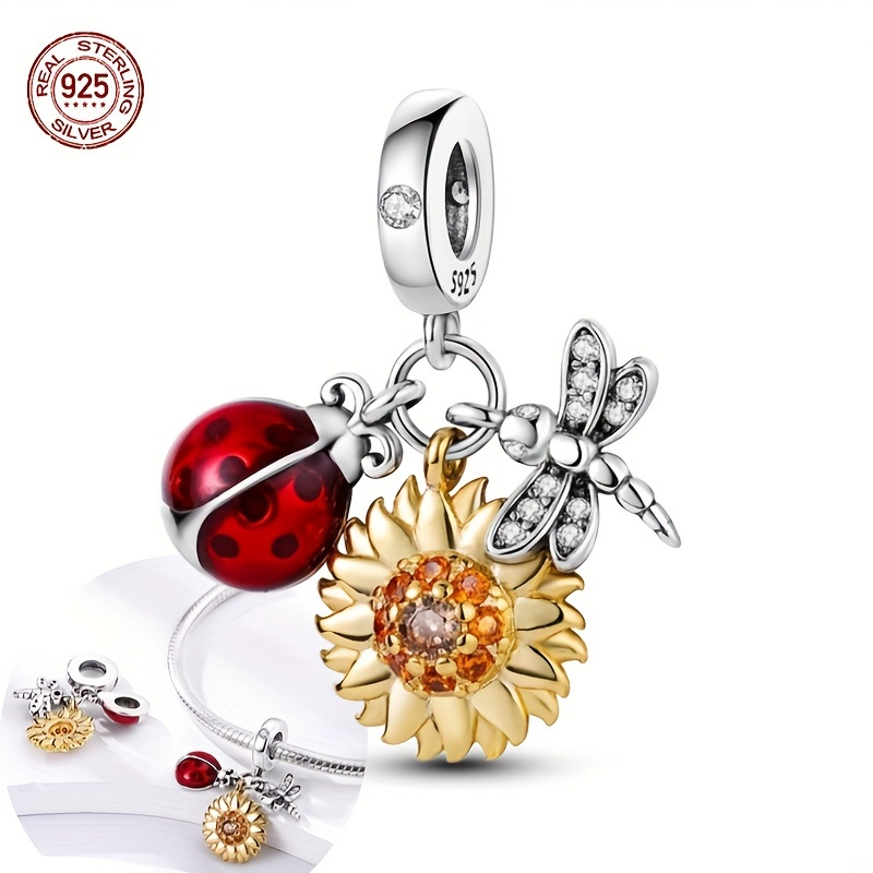 

925 Sterling Silver Ladybug Sunflower Dragonfly Pendant Set, Suitable For Original Bracelet And Necklace, Women's Gift, 3g