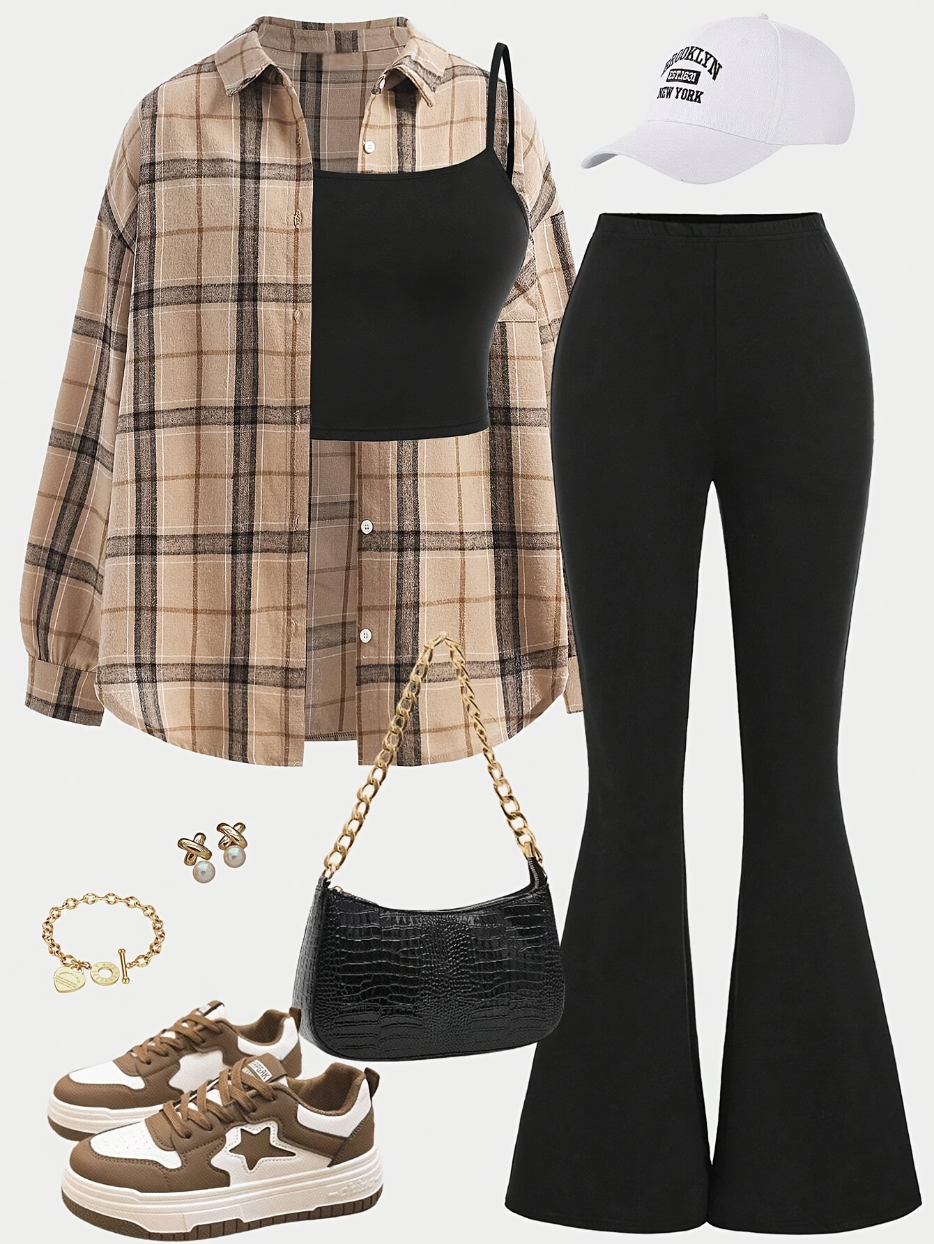 ensemble 3 pièces de chemise à manches longues à carreaux ciblée dp010599+ , haut court noir, pantalon évasé Détails du produit 5