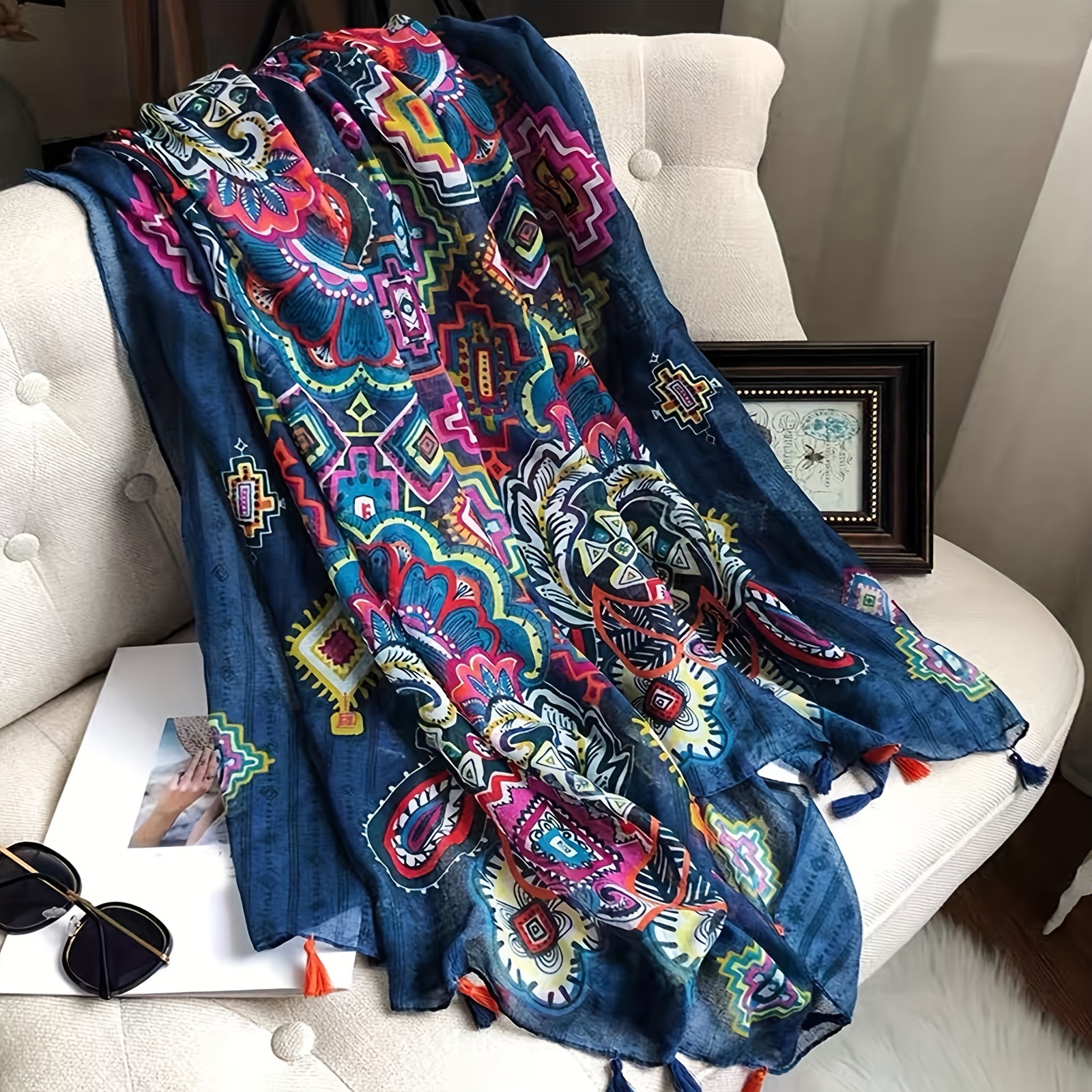 TEMU Blue Flower Print Tassel Scarf Elegant Boho Shawl Casual Windproof Head Wraps Outdoor Sunscreen Travel Beach Towel For Women