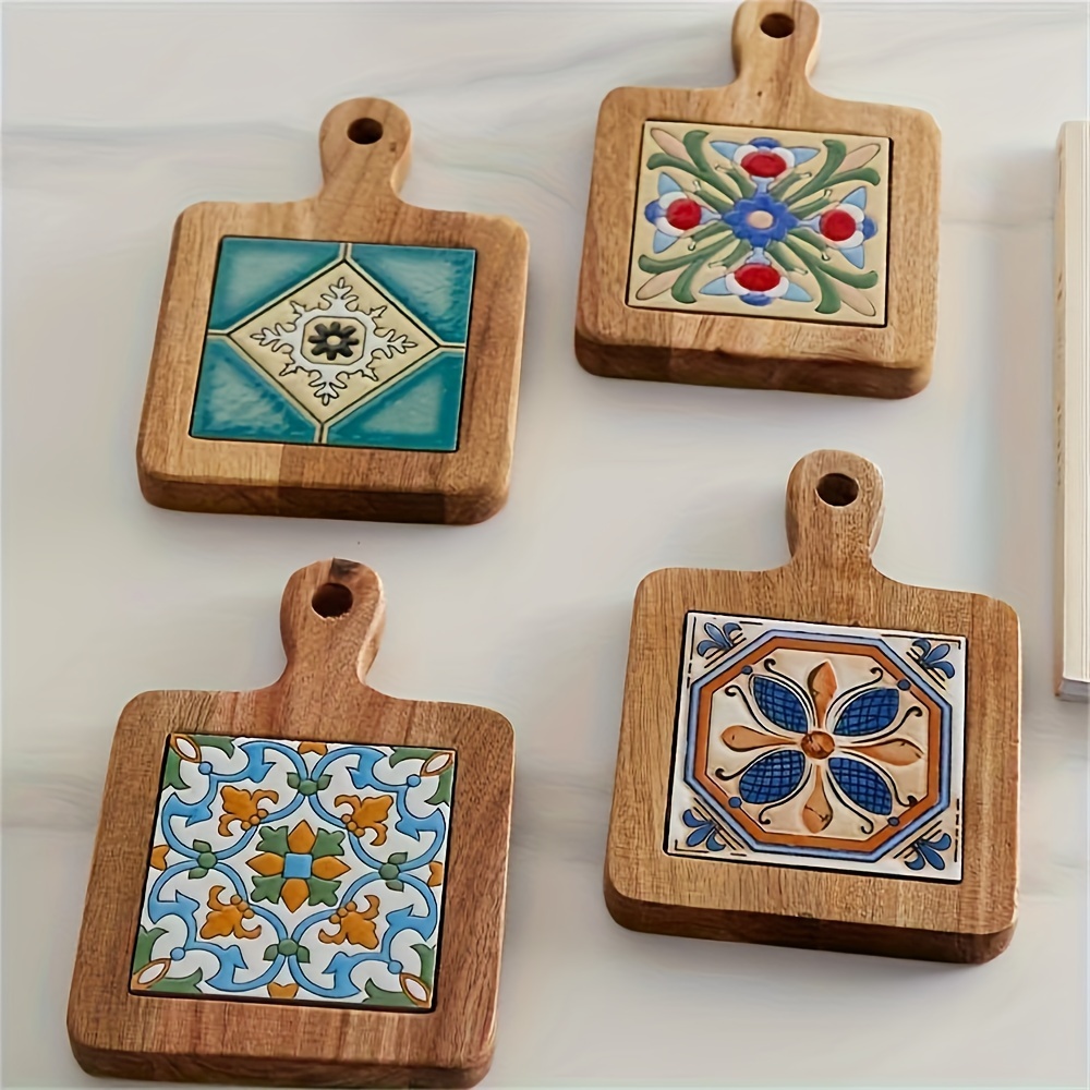 

Artistic Heat-resistant Wooden Placemats & Coasters Set - Perfect For Casseroles, Drinks | Ideal Housewarming Gift To Protect Furniture From Water Rings & Scratches