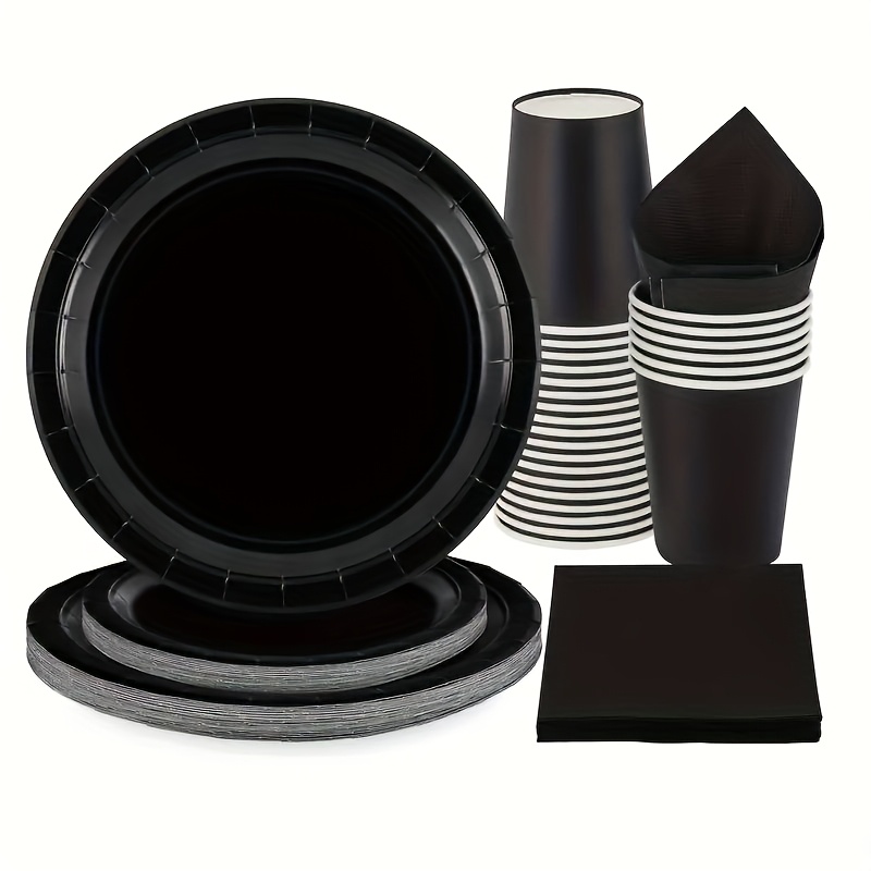TEMU Ensemble de vaisselle de décoration de fête noire de 80 pièces, comprenant 20 assiettes jetables de 7 pouces et 20 assiettes jetables de 9