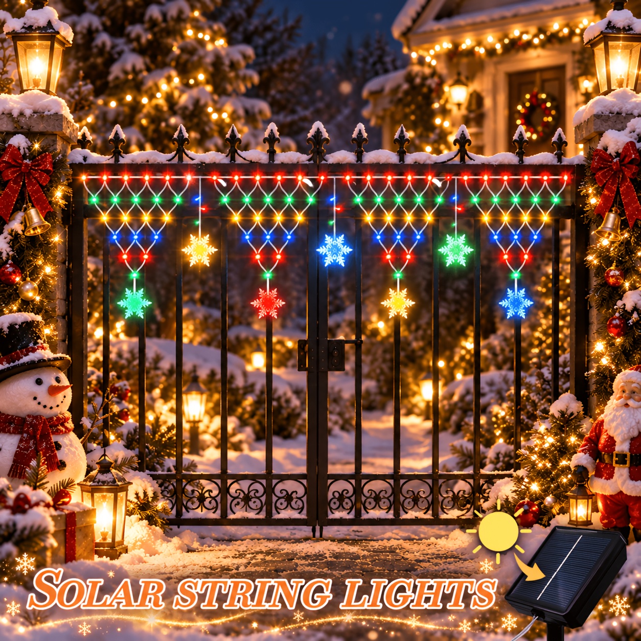 TEMU Solar-powered Led Snowflake Pendant String Lights, Triangular Mesh Design, Outdoor Light Strip, 8 Modes -ideal For Patios, Gardens, Courtyards,