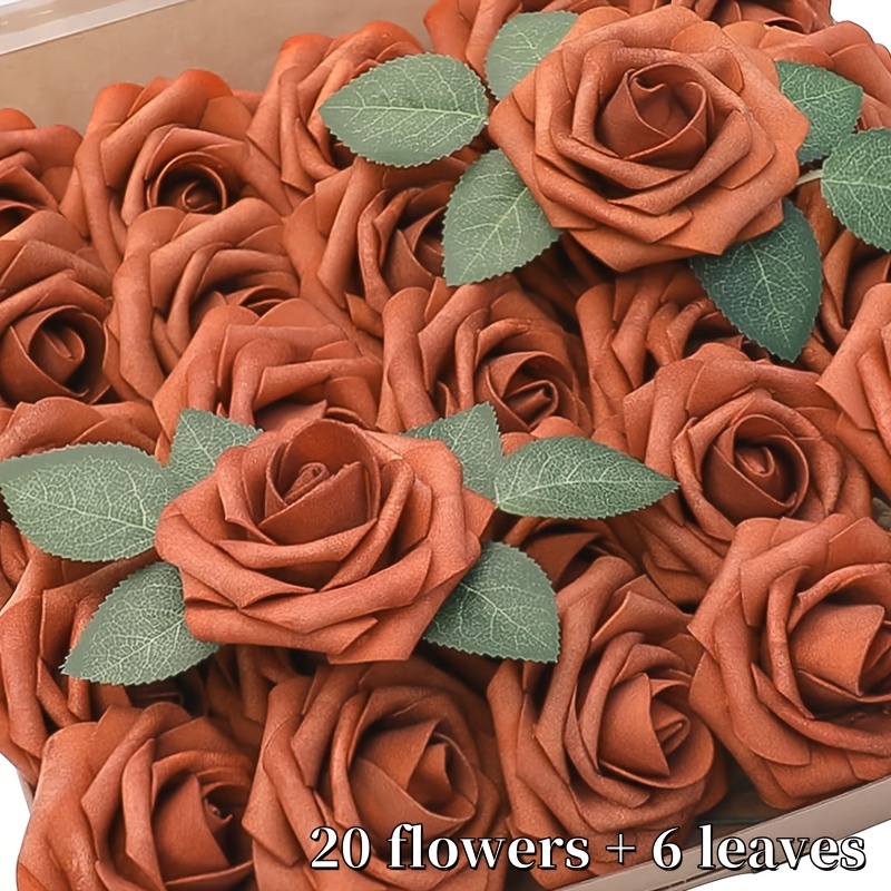 TEMU 26pcs Artificial Flowers (20pcs And 6pcs Green Leaves), Burnt Orange Foam Fake Roses With Stems And Leaves, Realistic Texture, For Wedding