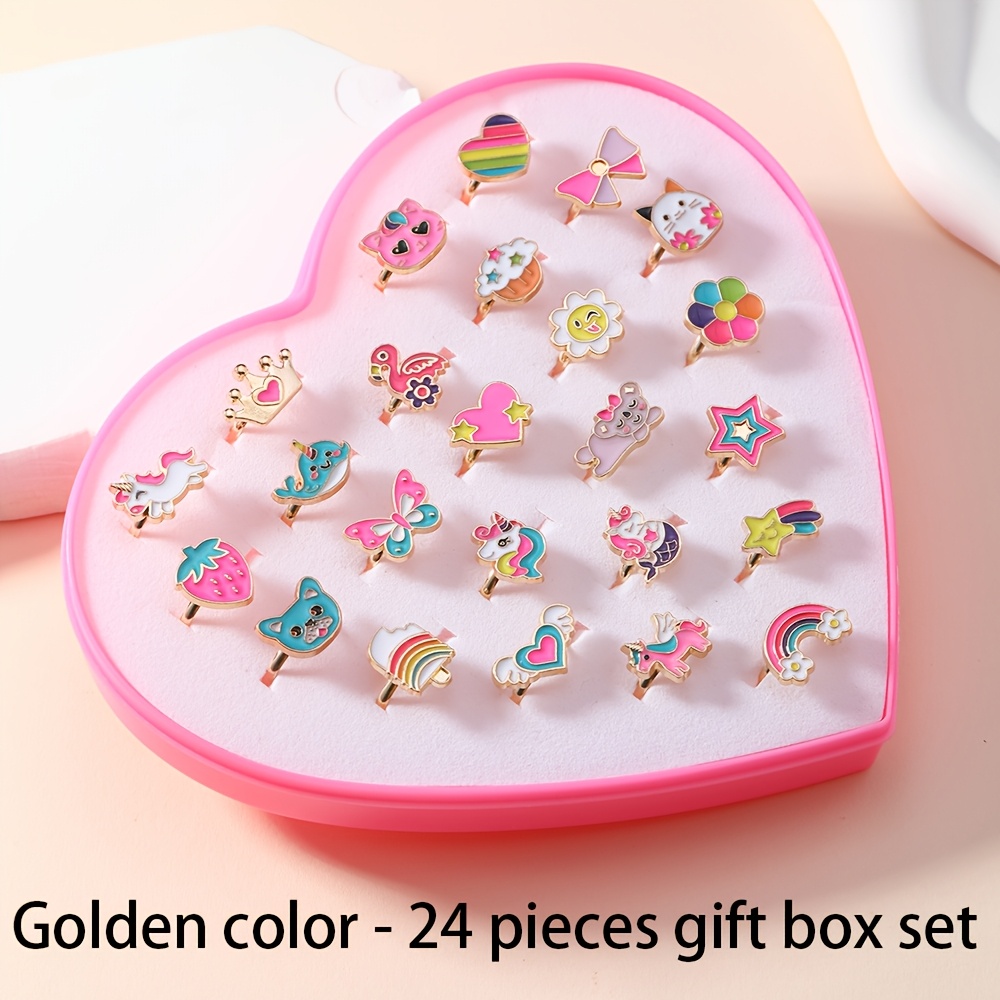 TEMU A Set Of 24 Adjustable Rings With Cute Cartoon Princess Themes, Suitable For Girls. Made Of Alloy With Mixed-color Enamel Design Jewelry