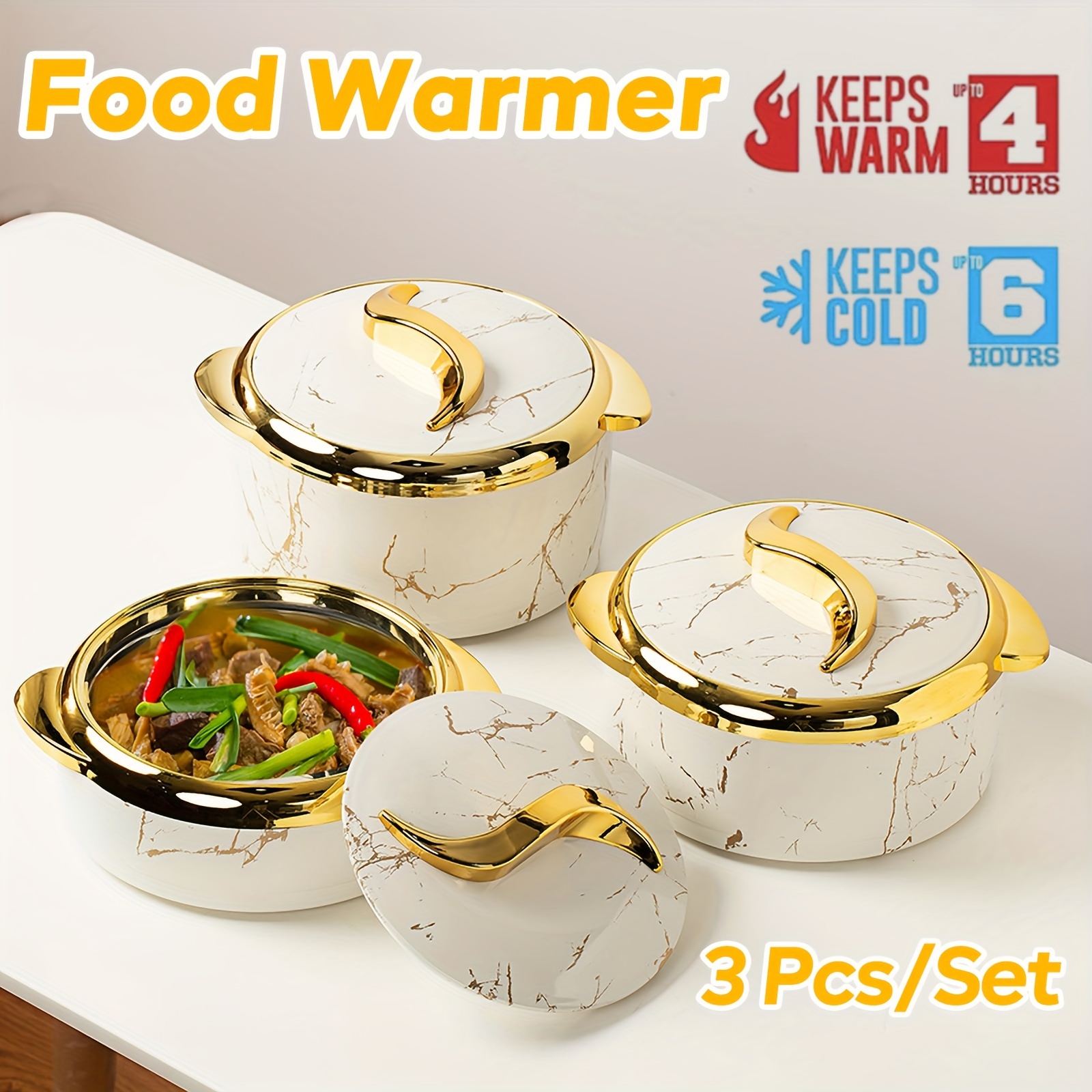 

3pcs Food Warmer Set – Insulated Stainless Steel Casserole Dishes With , Marble Pattern, Food Warm For , Cold For , Ideal For Serving, Buffets, And Hot Pot