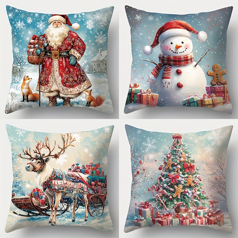 

Light Blue Christmas Print Pillow Covers Set - 4pcs, Contemporary Style, Zip Closure, Machine Washable, Polyester - Home, Bedroom & Living Room Decor (pillow Inserts Not Included)