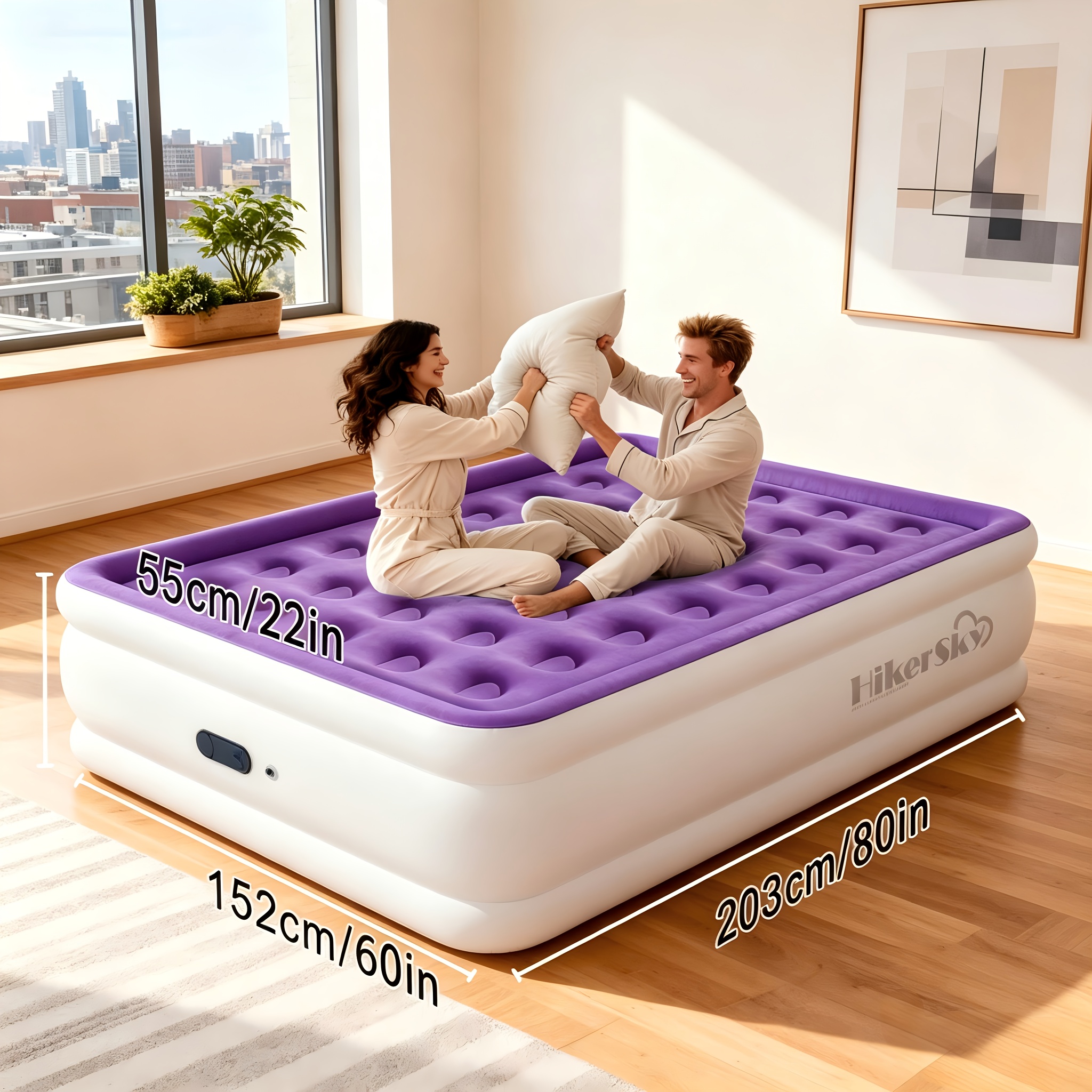 TEMU Mattress With Built-in Pump, Inflatable Mattress For Home, Blow Up Air Bed 3 Min Quick Inflation And Deflation, Thin Velvet Top, 18'' Queen Size
