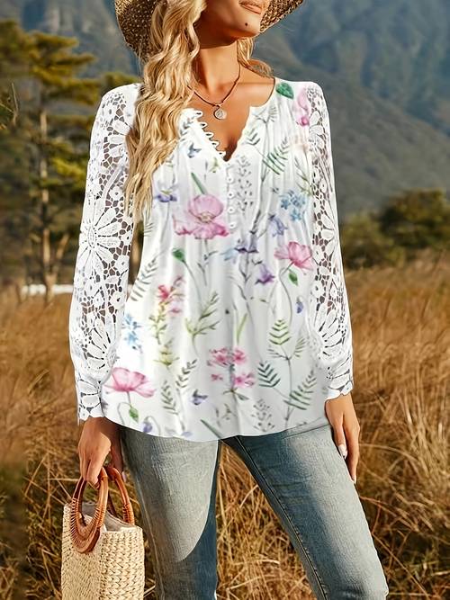 spring and summer new womens lace sleeves pleated solid color button t shirt bottoming shirt