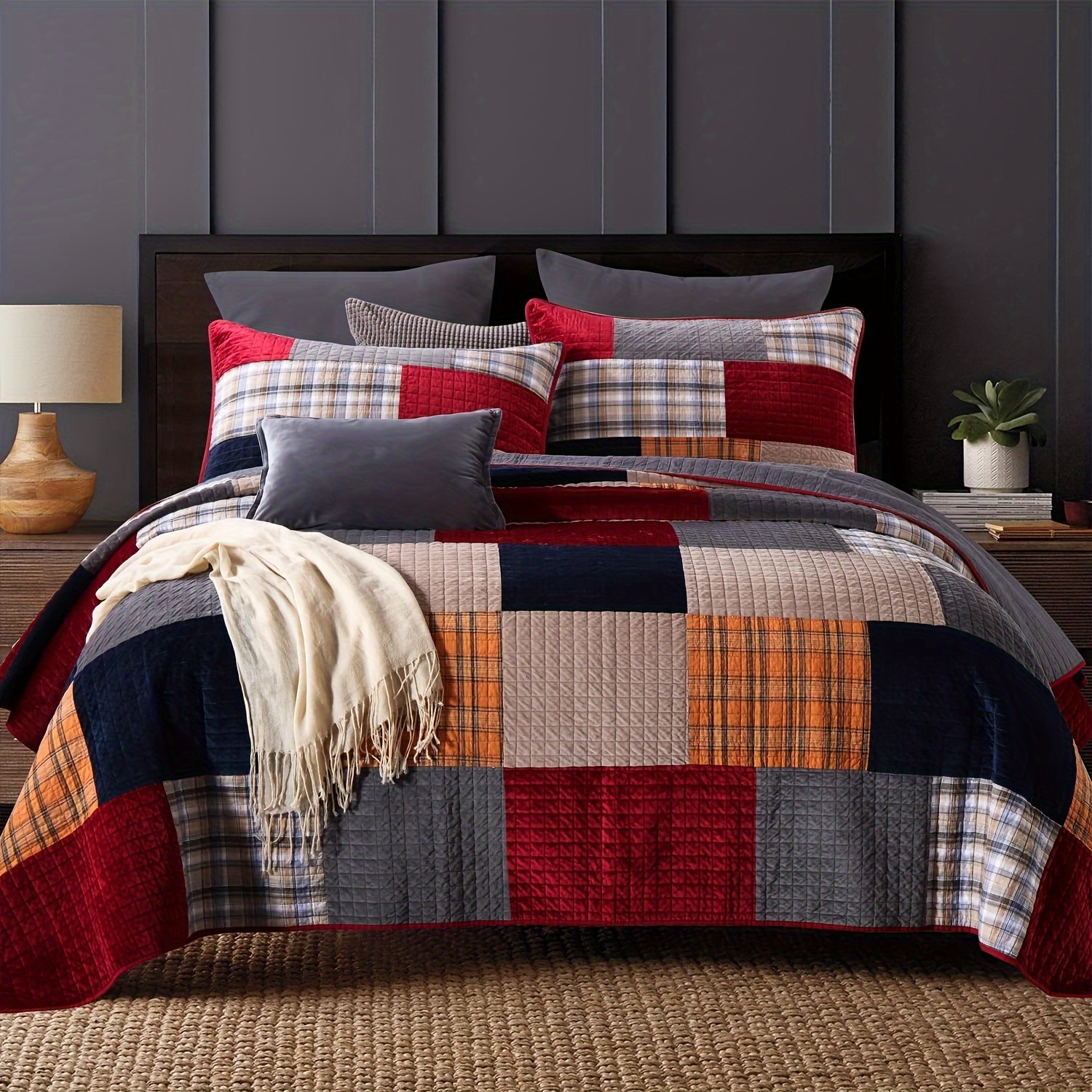 

Secgo Velvet Queen&king Comforter Set For Bed - 100% Cotton Quilts Queen Size, Red, Black Bedspreads With 2 Pillow Shams, Patchwork Reversible Lightweight Beddingqueen&king