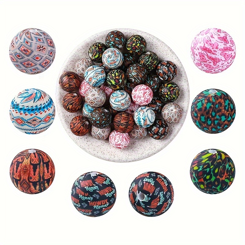 

35pcs Tribal Silicone Beads Set - Animal Print Design, Round Diy Jewelry Making Kit For Bracelets, Necklaces, Keychains - Aztec Water Transfer Craft Beads Collection