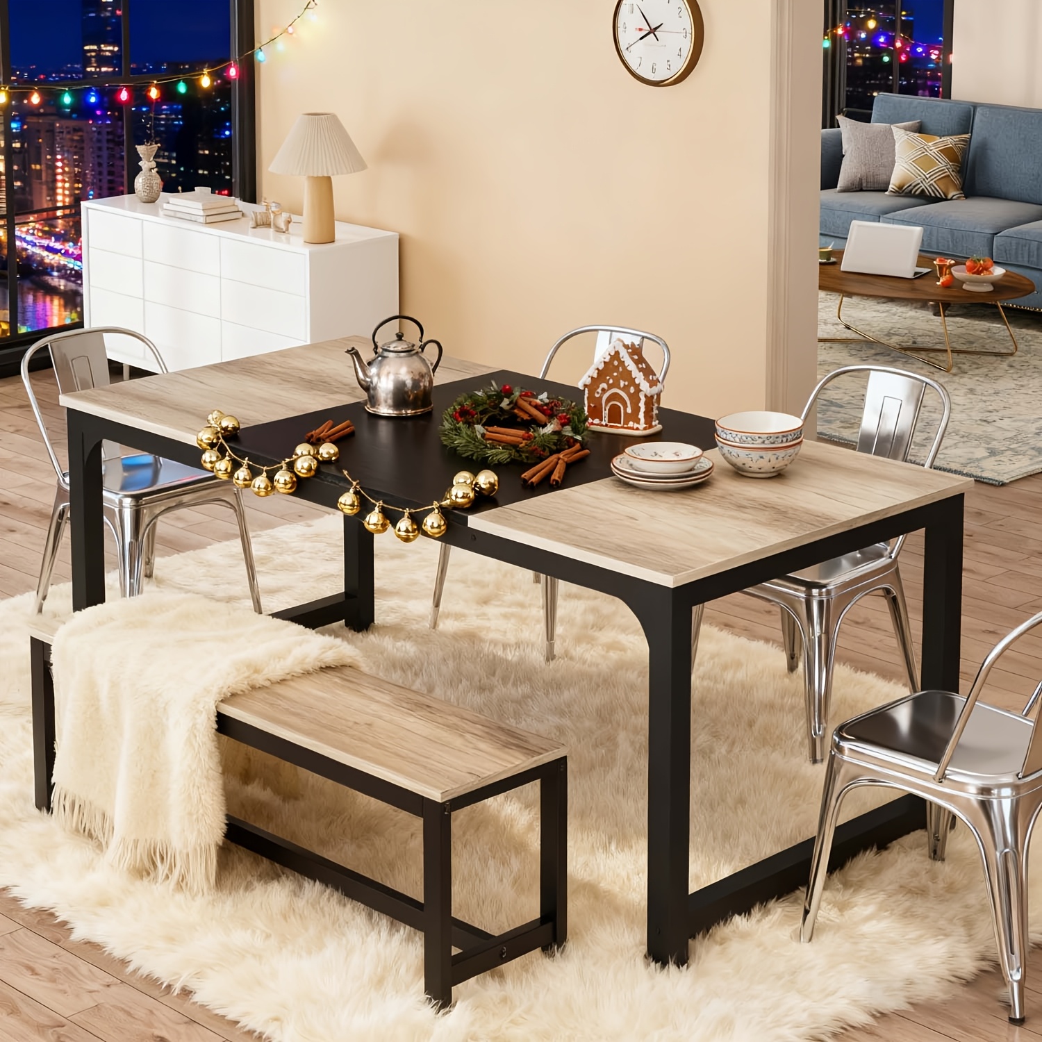 71"x31.5" Dining Table, Industrial Kitchen Table For 6-8 People, Rectangular Dinner Table For Dining Room Room, With Heavy Duty Metal Legs, (table )