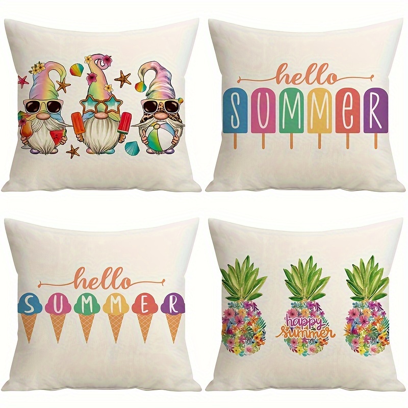 

4pcs Summer Pillow Covers 18x18 Inch Beach Genomes Throw Pillow Covers Ice Cream Hello Summer Decorations Happy Summer Pineapple Cushion Covers For Sofa Couch