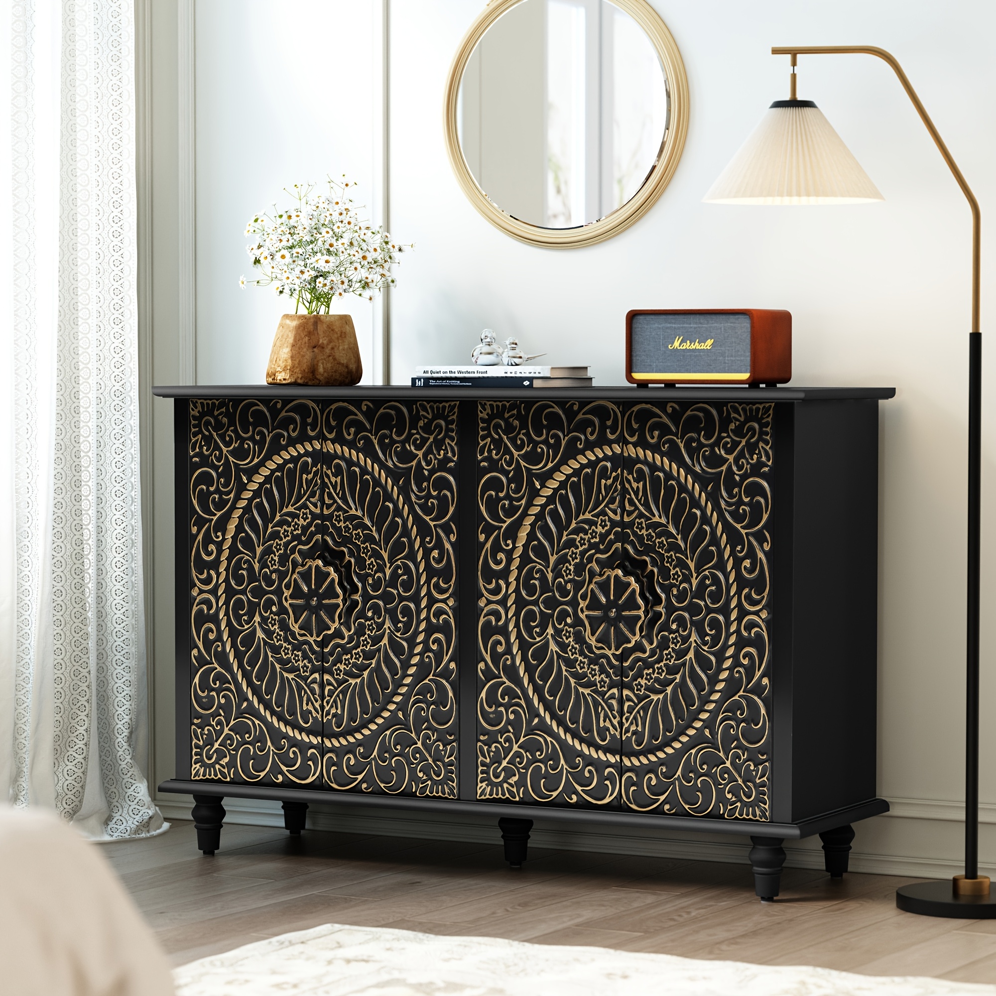 HLR Vintage Buffet - 4-Door Carved Flower Storage Credenza