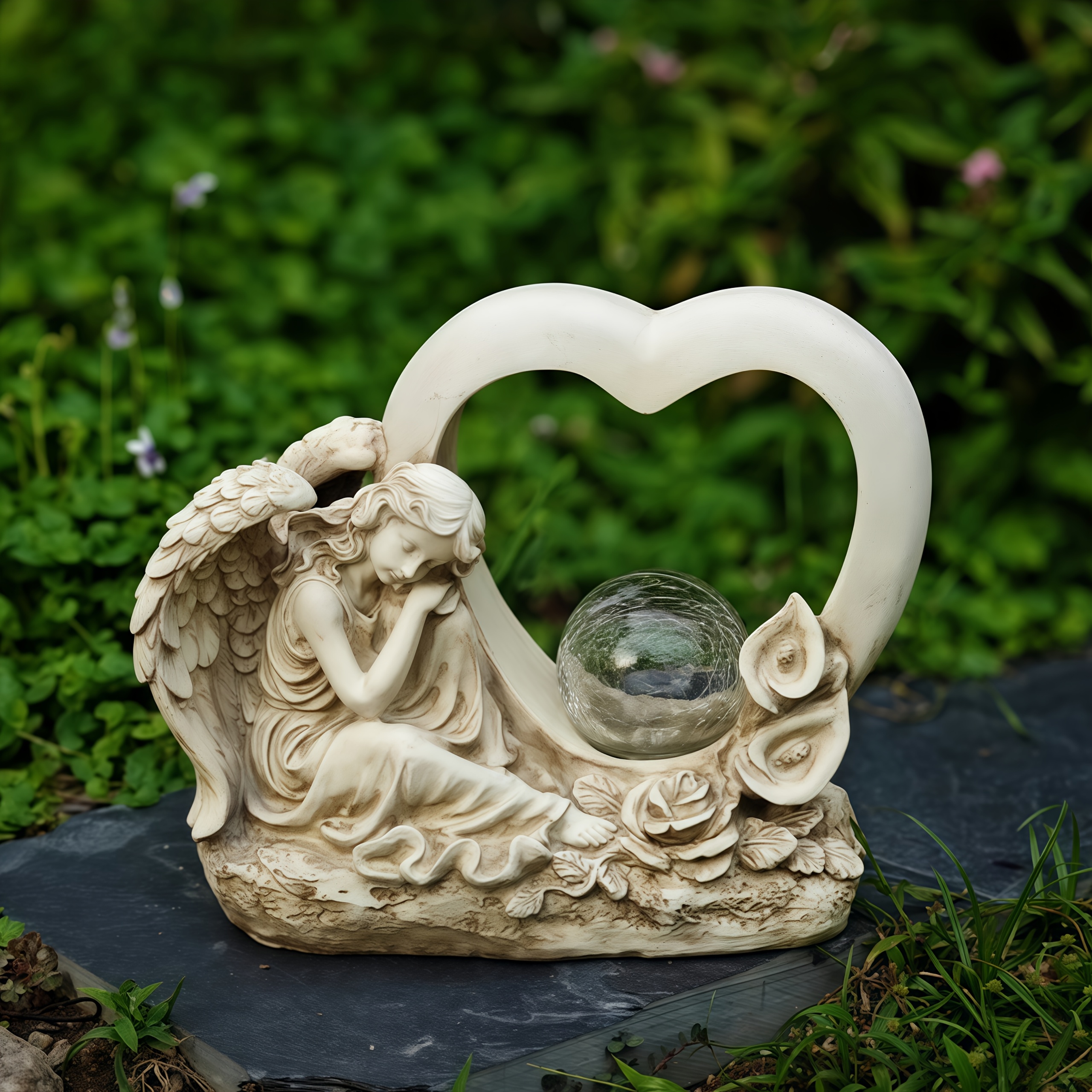 Image of 1pc Solar Angel Courtyard Light, Heart-shaped Design, Garden Lamp, Decorative Light, Vintage Effect, Made Of Resin, Suitable For Gardens, Courtyards, Lawns, Outdoor Tables, Makes A Great Gift