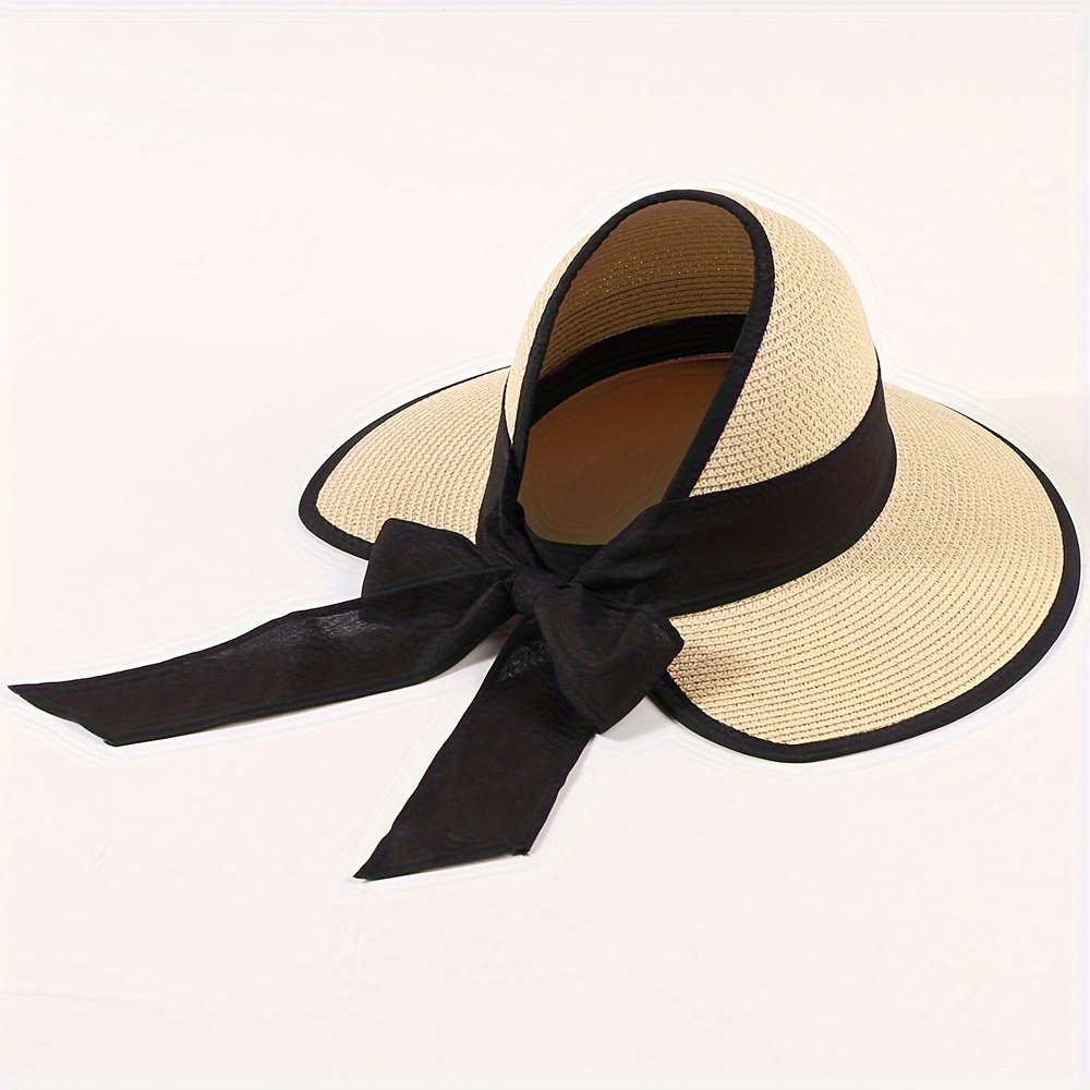 Image of Women's Stylish Summer Straw Visor Hat With Bowknot - Lightweight, Breathable Paper Material, Wide Brim For, Tail Hole For Ponytails, Perfect For Beach And Outdoor Activities, Beach Hat