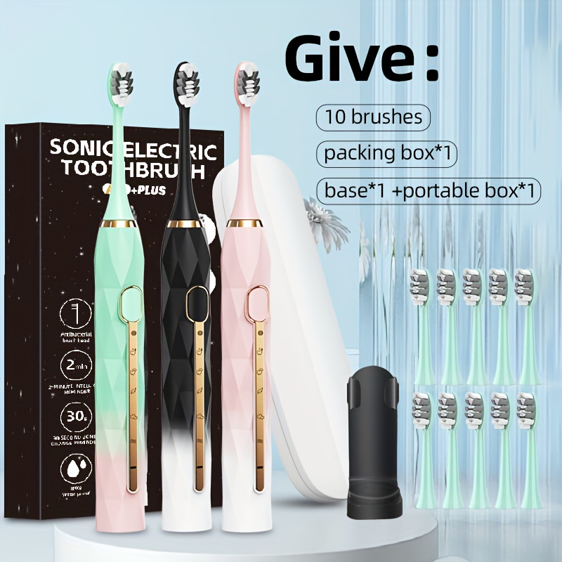 

Electric Toothbrush Ipx8 Waterproof With 8 Replacement Brush Heads 1 Travel Case Usb Charging Couple Replaceable Head Metal Shaft Adult Male & Female With Toothbrush Holder With Travel Case