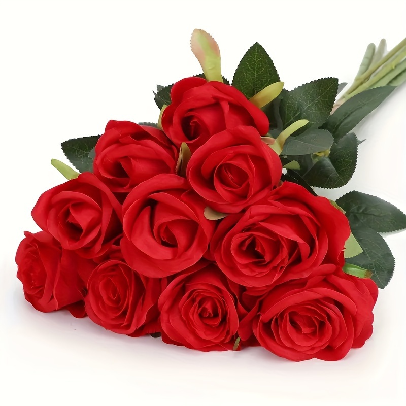 JUSTOYOU 10 rosas artificiales para el día de San Valentín,  rosas de flores realistas, rosas de seda de tacto real, ramos de flores  falsas de tallo largo para decoración del hogar